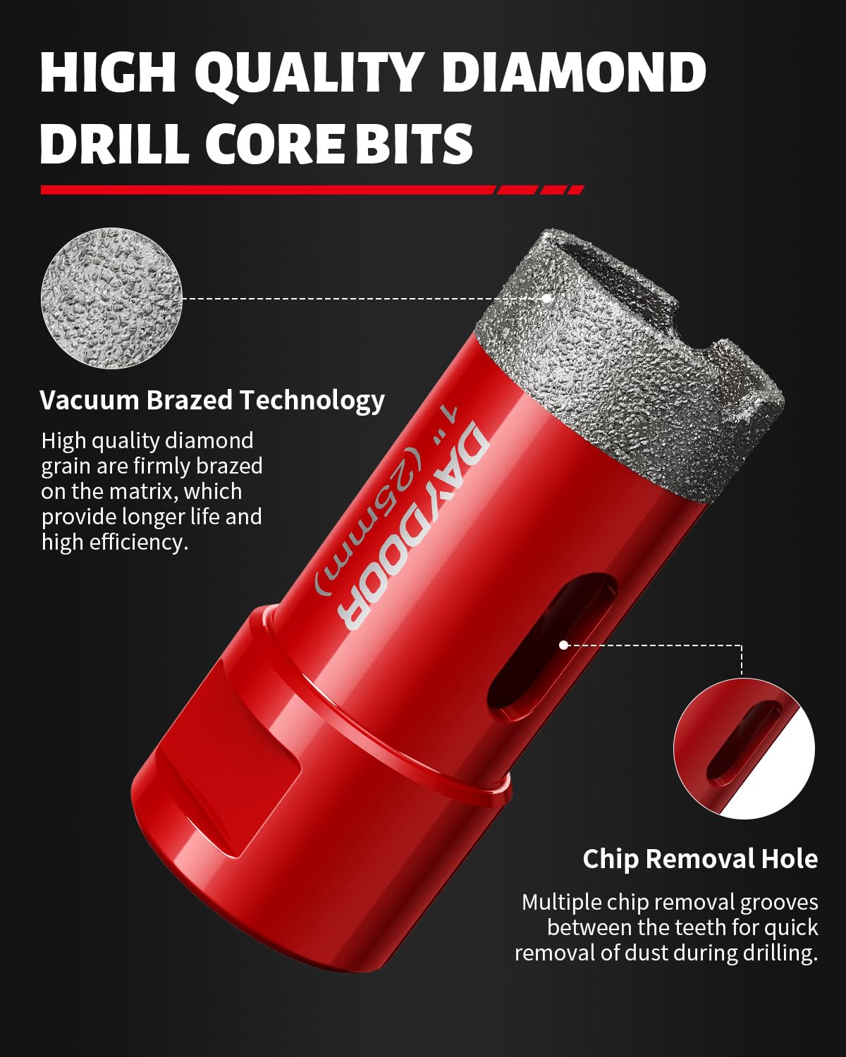 DAYDOOR Diamond Hole Saw Kit, 13-Piece Tile Hole Saw Kit 6/6/8/20/25/35/51/76/102mm, Vacuum Brazed Core Drill Bits for Porcelain Tile, Granite, Marble, Stone