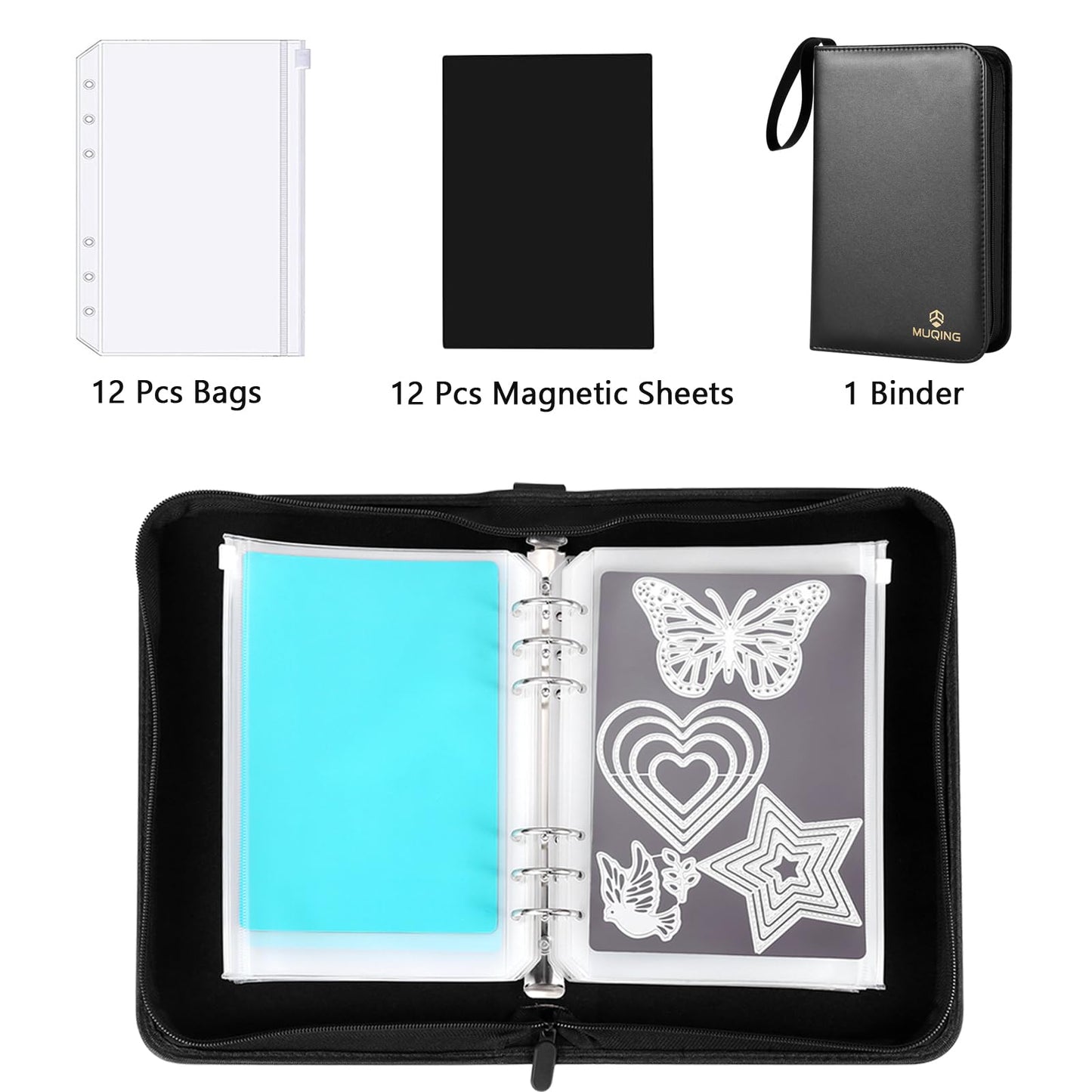 MUQING 24 Pcs Magnetic Sheets and Storage Bags for Stamps and Dies Storage with Binder, 12 Pcs Magnet Sheets and 12 Pocket EVA Bag, Scrapbooking & Stamping Supplies and Card Making (Strong Magnetism)