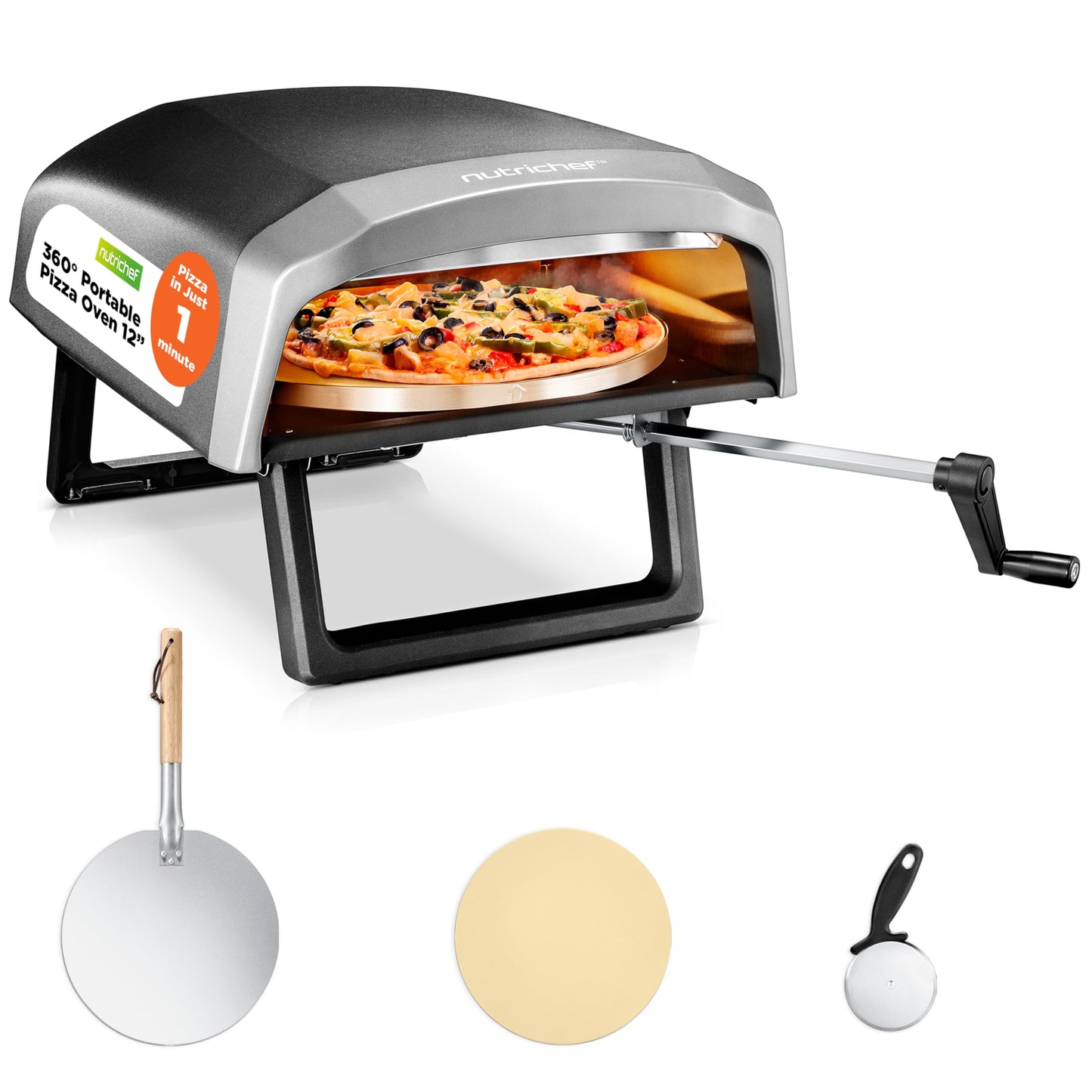 Nutrichef Outdoor Pizza Oven | Cook 12" Pizza in 60 Seconds | Manual 360° Rotating Pizza Stone | Adjustable Heat | Includes Pizza Peel, Pizza Cutter, Stone, Cover, & Hose | Long Handle