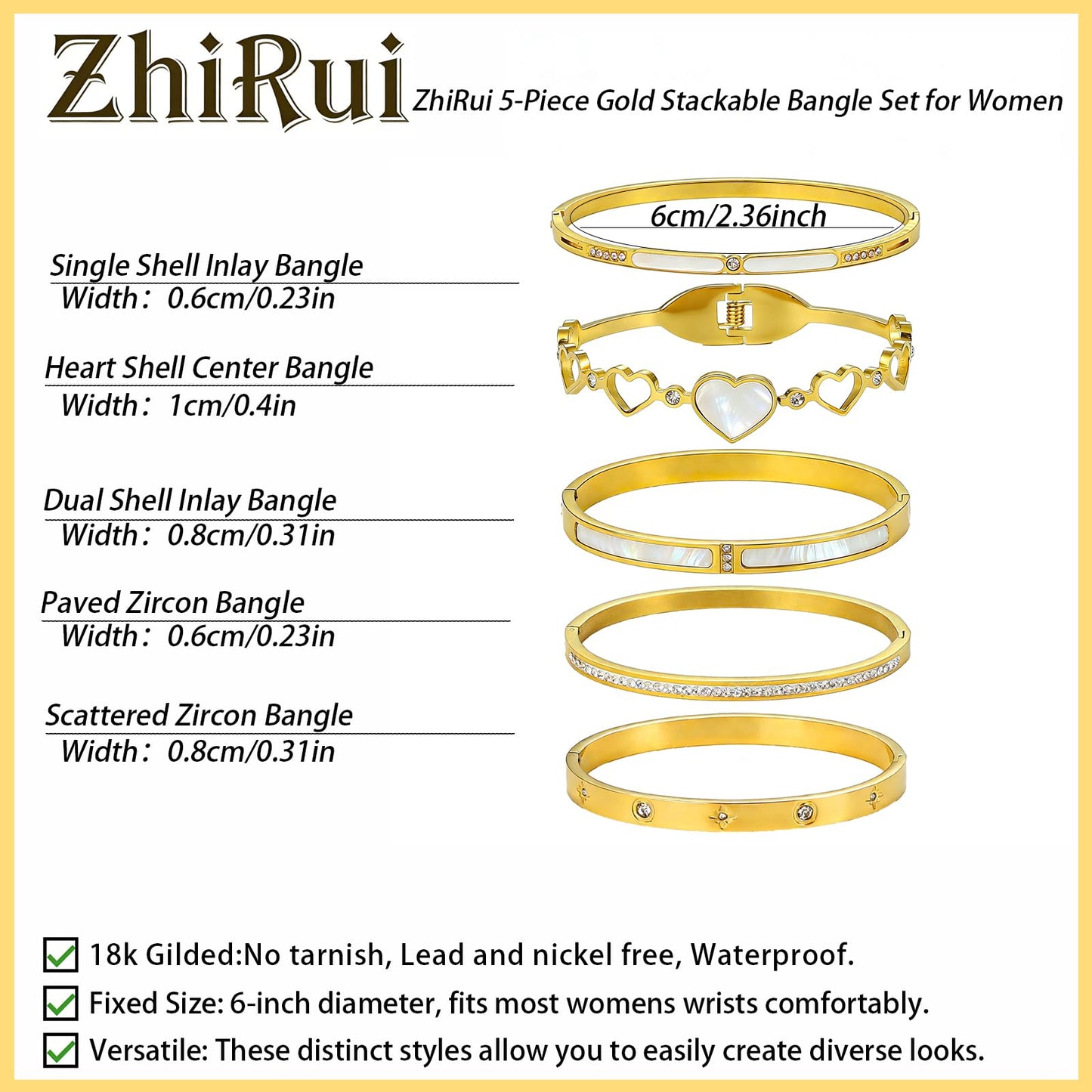 ZhiRui Women's 18K Gold Plated Stackable Bangle Bracelet Set - Waterproof Mother of Pearl Heart Cubic Zirconia Jewelry - Perfect for Valentine's Day & Thoughtful Gifts for Women