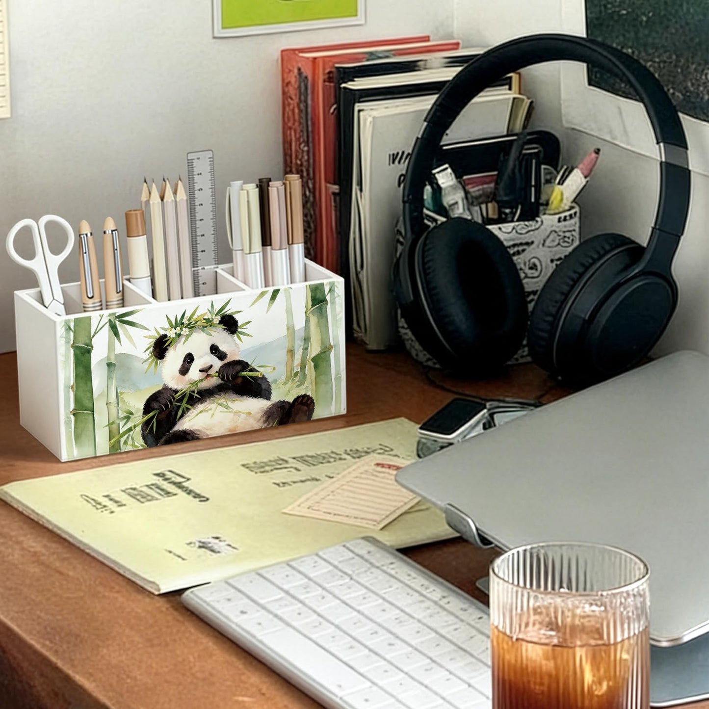 SkyCozy Panda Pen Pencil Holder for Desk, Panda Gifts for Women Girls, Animal Lovers Gifts Wooden Box Sign Decorations for Kids Room Bedroom Home Office Desk Tabletop