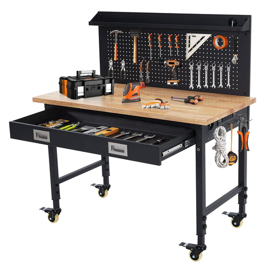 48'' Adjustable Workbench on Wheels, 2000LBS Heavy Duty Worktable with Power Outlets & Drawers & Pegboard, Rubberwood Workstation for Workshop, Garage, Office, Home