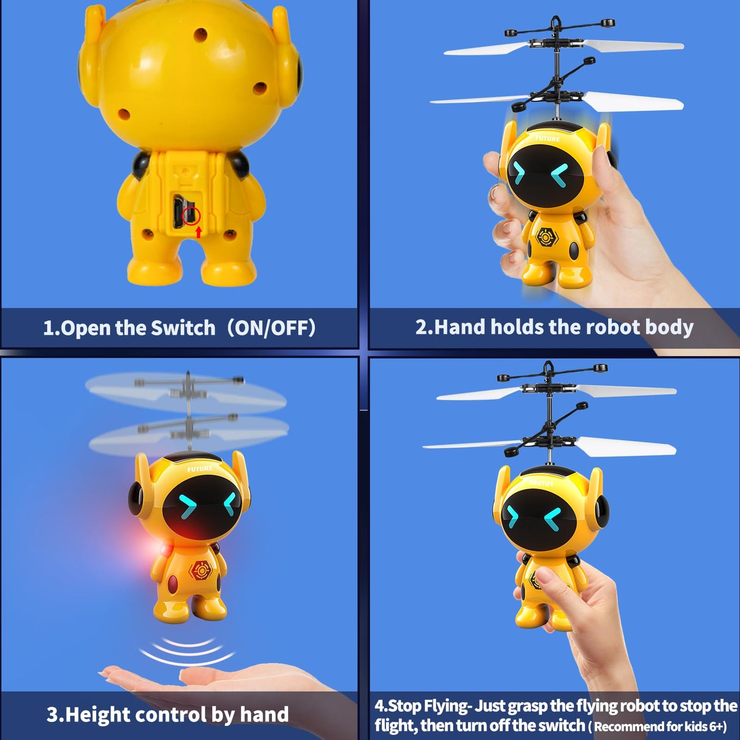 Tcvents Flying Robot Toys for Kids, Flying Ball Hand Operated Drones with LED Lights Indoor Rechargeable Mini Drone Helicopter Birthday Gift for Boys Girls Age 6-8 9 10 11 12+ Years Old, Yellow
