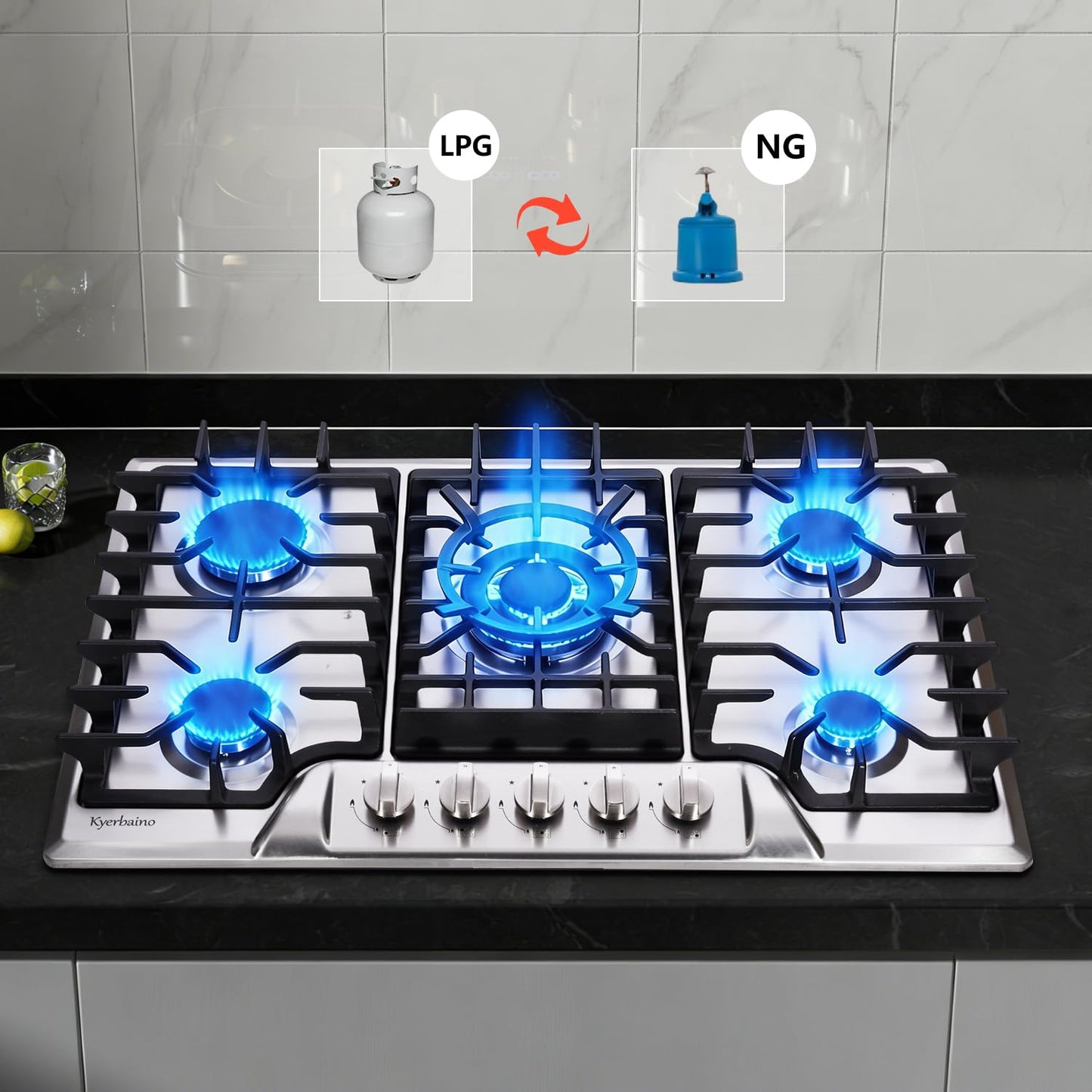 Kyerbaino Gas Cooktop 30 Inch, Built-in 5 Burners Gas Stovetop Stainless Steel LPG/NG Convertible Gas Stove Dual Fuel Sealed Gas Cooktop