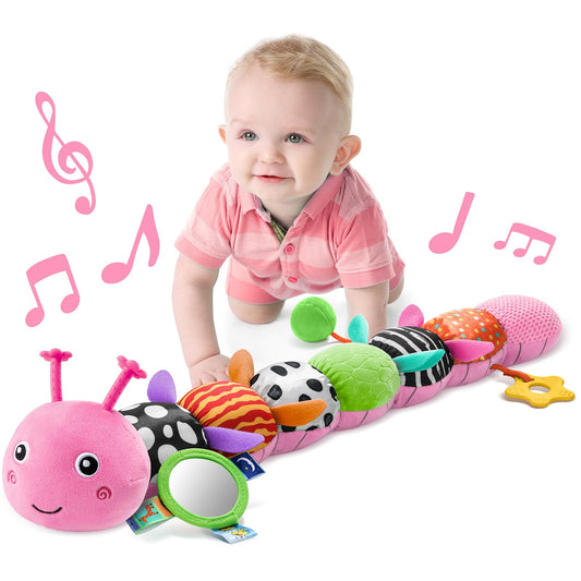 LIGHTDESIRE Baby Toys Musical Caterpillar,Infant Toys Stuffed Animals with Ruler Design,Mirror,Pull String&Ring Bell,Baby Teething Toys for Tummy Time Toy Newborn Gifts 3 6 12 Months(Pink,Leafy Limb)