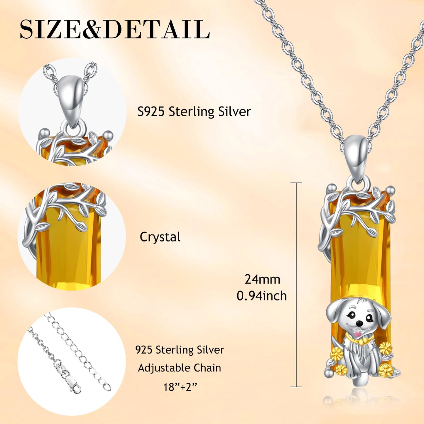 AENEAS Golden Retriever Necklace Sterling Silver Cute Puppy Pendant Necklace Citrine Necklaces Crystal Dog Pet Jewelry Gifts for Women Wife Her