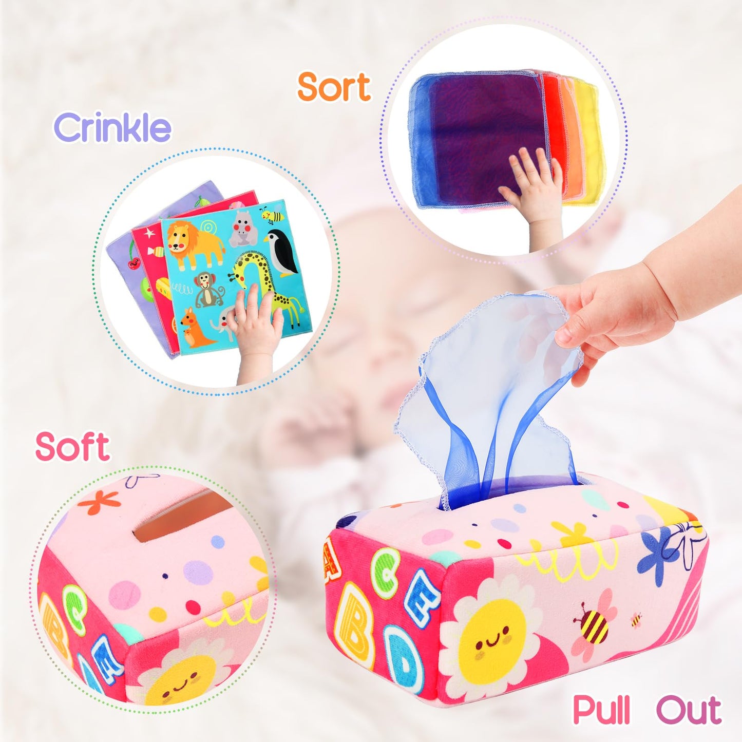 Baby Tissue Box - Montessori Toys for 6-12 Months, 1 Year Old - Soft Stuffed High Contrast Crinkle Infant Sensory Toy, Boys&Girls Toddler Early Learning Baby Gifts