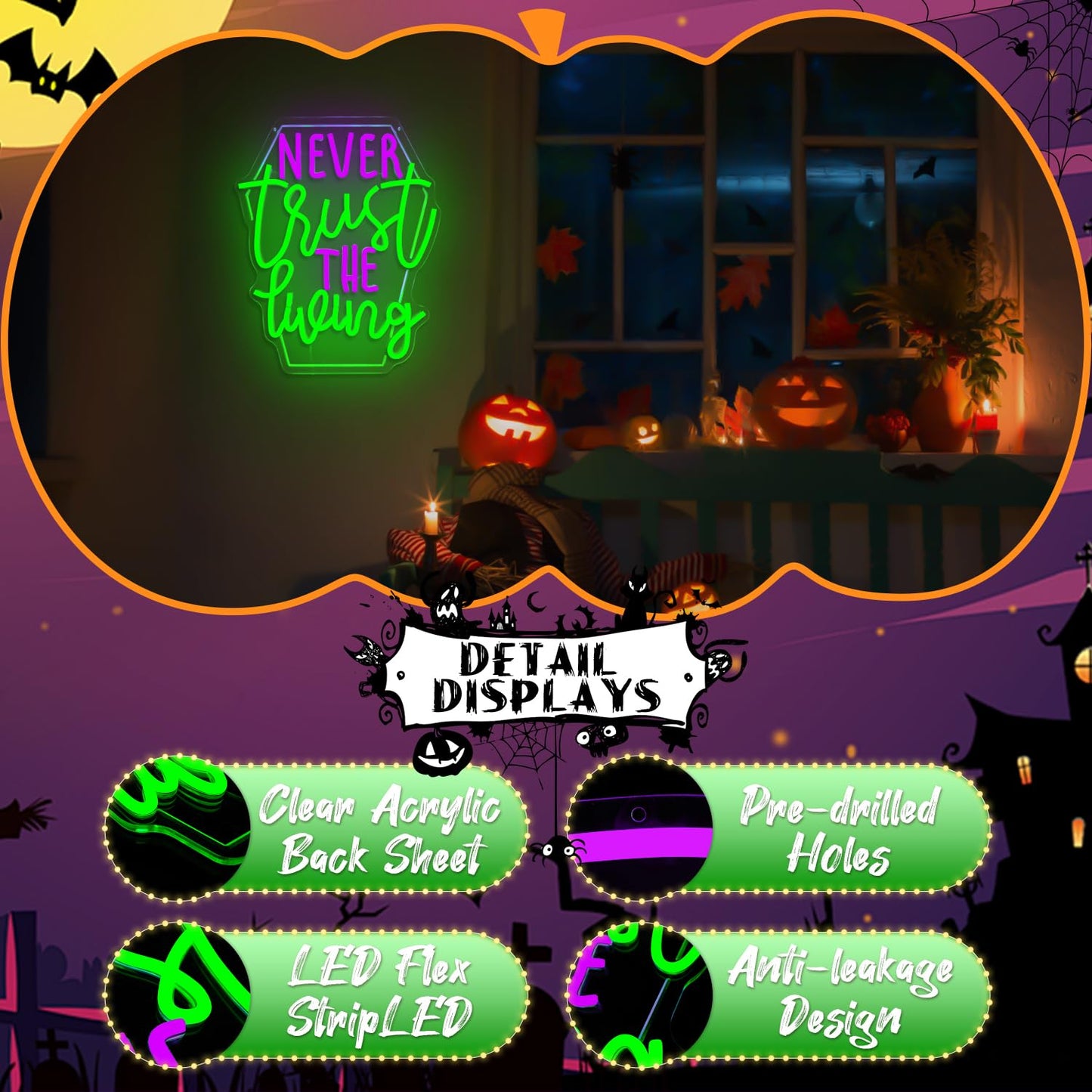 Ajoyferris Never Trust The Living Neon Sign Halloween Led Sign for Wall Decor Halloween Tombstone Neon Light for Party Chamber of Secrets Spooky House Bedroom Dimmable USB Led Light Sign