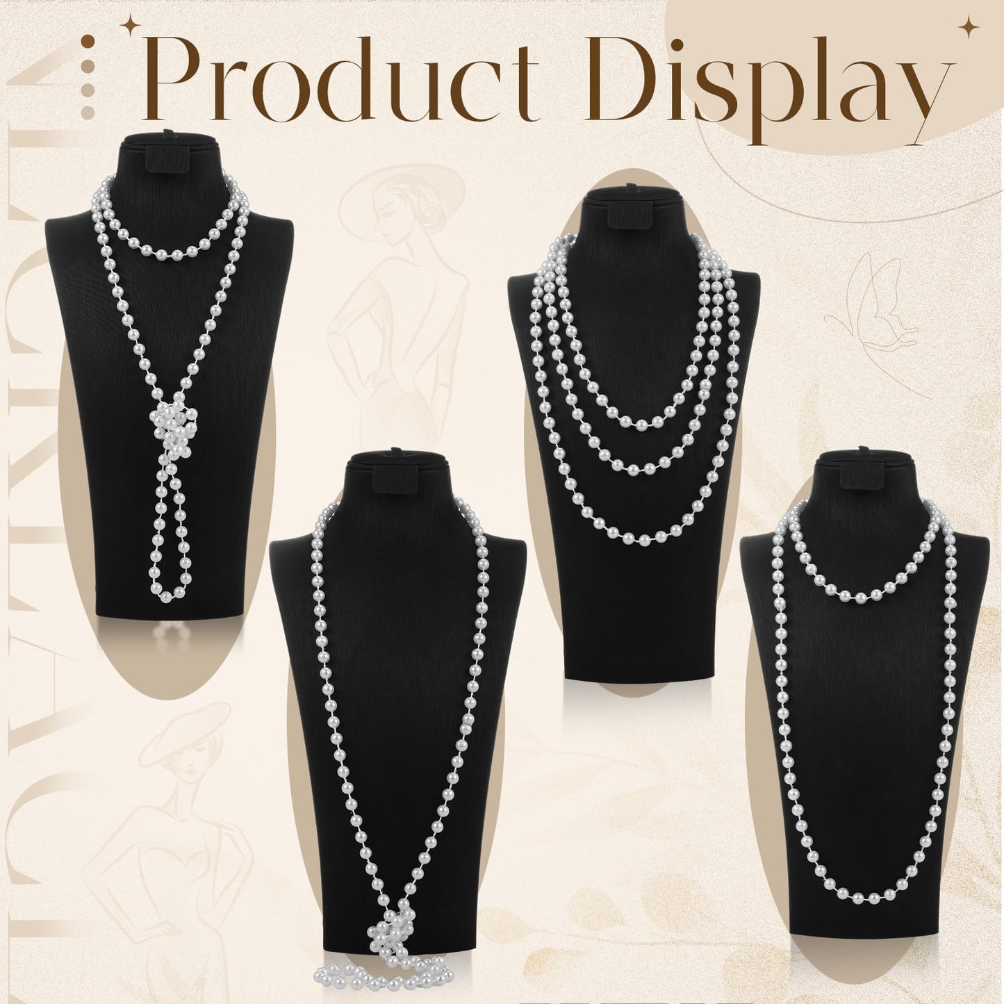 Aurelema 2 Pack Long Pearl Necklace for Women 1920s Costume Party Jewelry Faux Pearls Strand Beads for Ladies(70 Inches,8 mm,Plastic,Cream White)