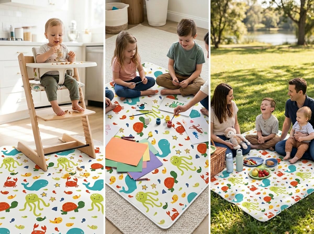 Splat Mat for Under Highchair/Arts/Crafts, WOMUMON Baby Reusable Waterproof Anti-Slip Floor Splash Mat, Portable Play Mat and Table Cover (51", Seaworld)