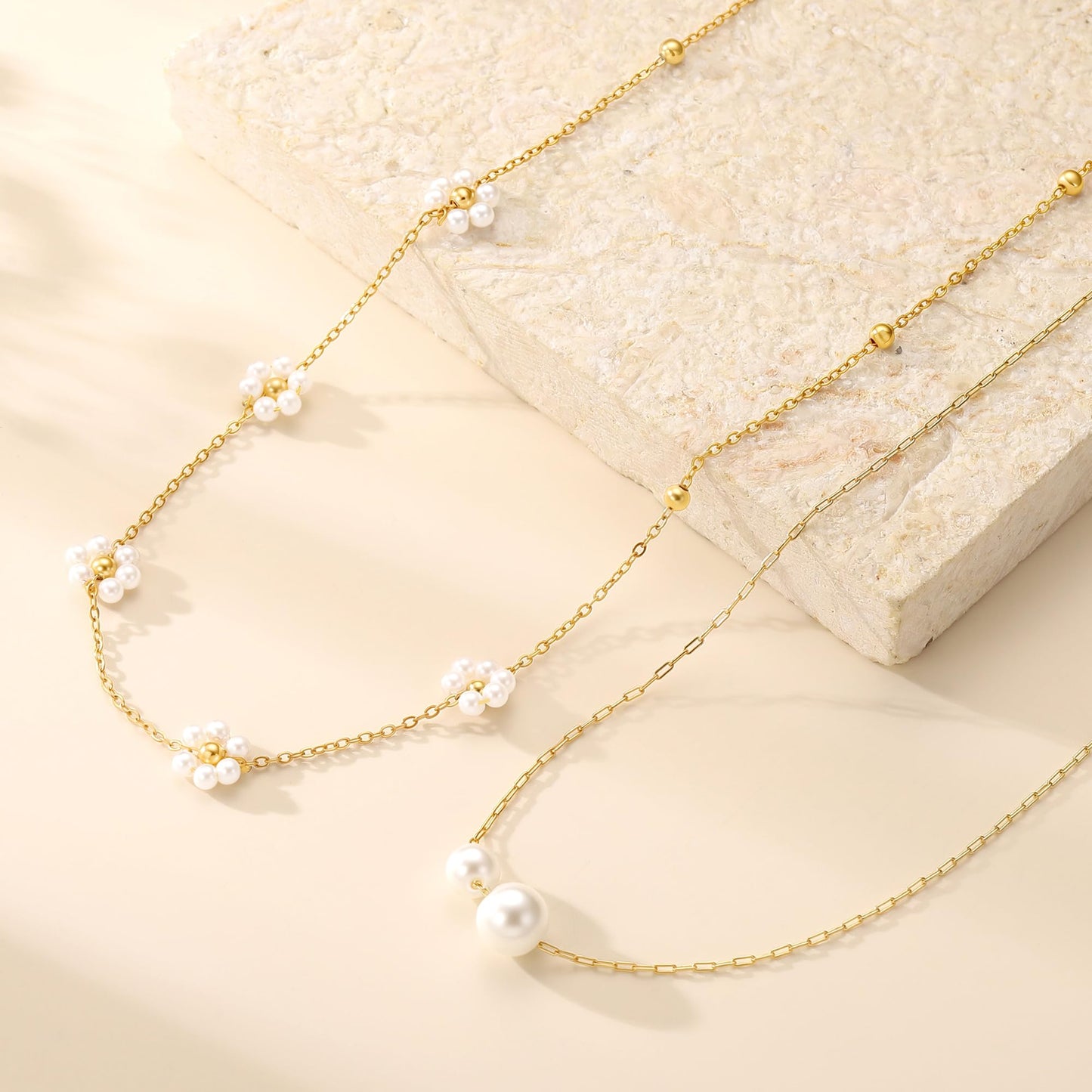 Fimhut Gold Pearl Necklaces for Women Trendy,18K Gold Plated Dainty Necklace Simple Layered Pearl Necklaces for Women Trendy Wedding Birthday Jewelry