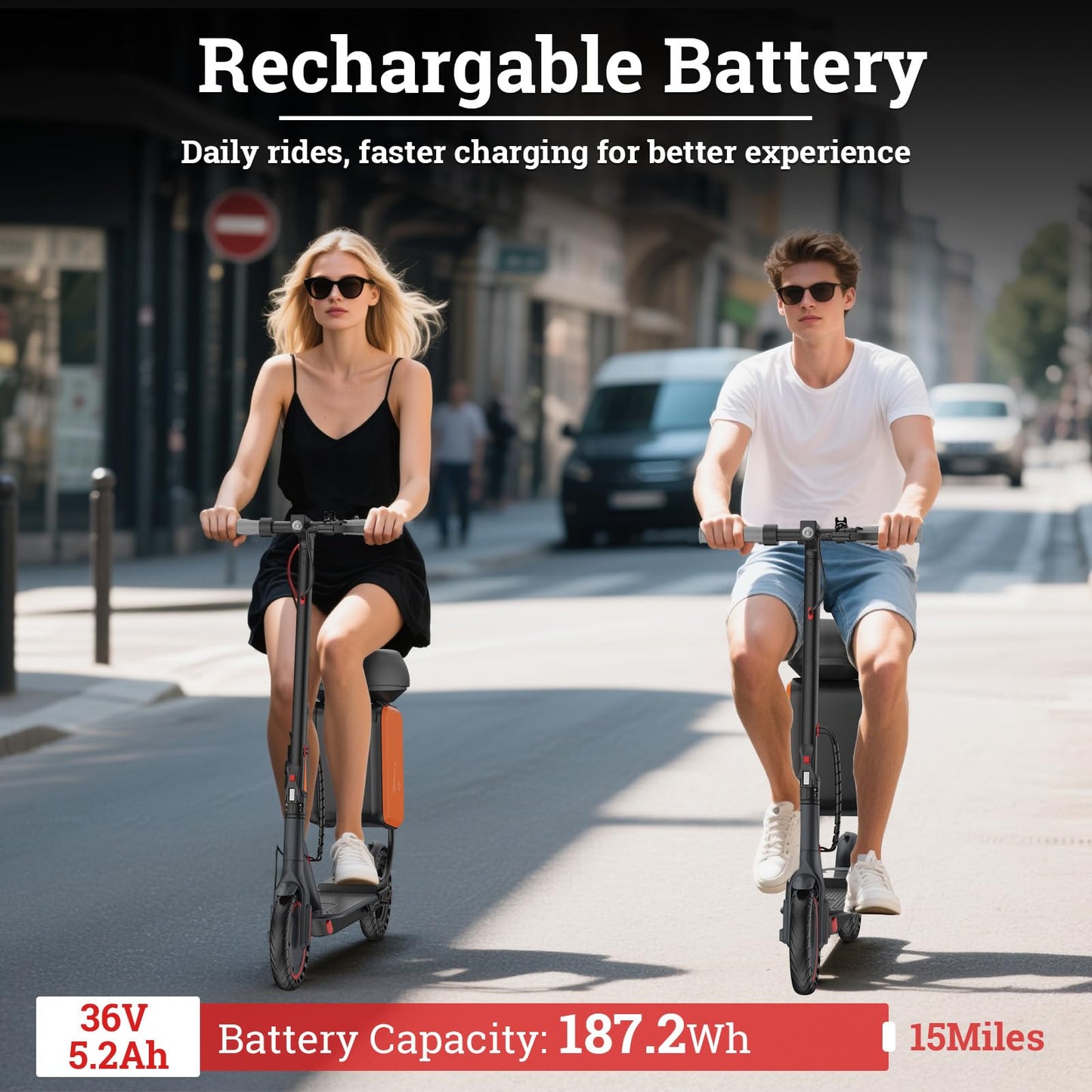 Qlaway 8.5" E Scooter for Adults 19 MPH 350W Motor 187.2WH Battery, Motorized Scooter Up to 15 Miles Range, Foldable, Bearing 265 LBS/APP Control with Seat