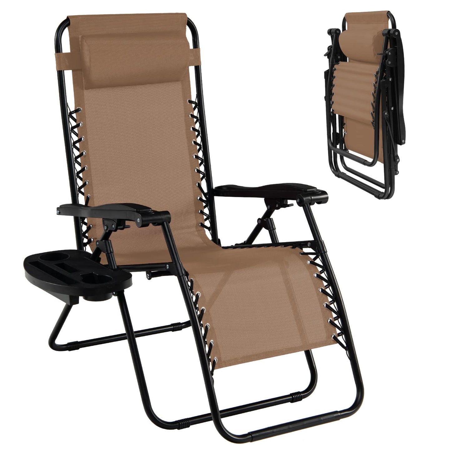 Renatone Folding Zero Gravity Reclining Textilene Lounge Chairs, Outdoor Adjustable Patio w/Pillows & Cup Holder Trays for Backyard, Beach, Poolside (BE)