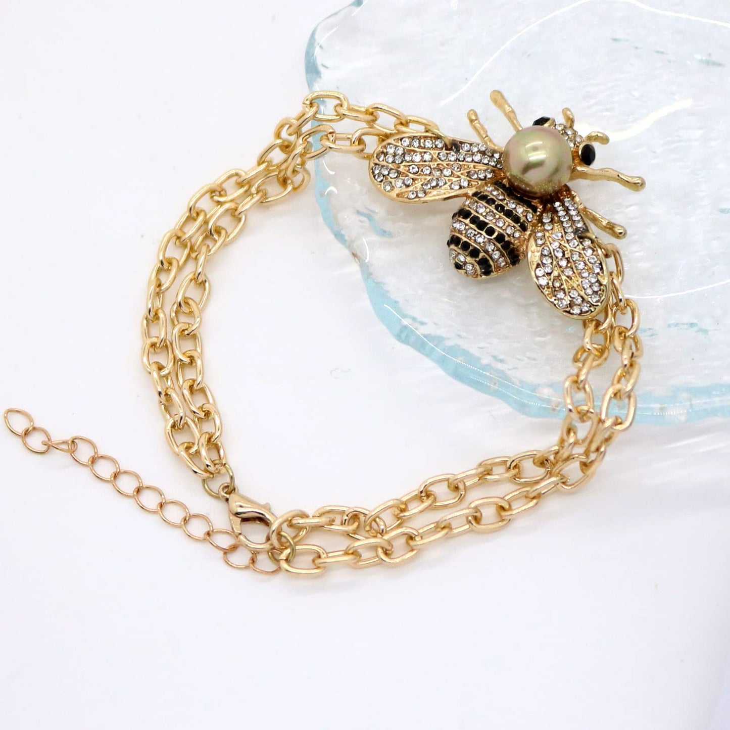 Honey Bee Turquoise Beaded Bracelet Crystal Insect Themed Bee Chain Link Bracelets Animal Fashion Shell Pearl Elastic Bracelets Gold Tone (Gold Pearl Chain)