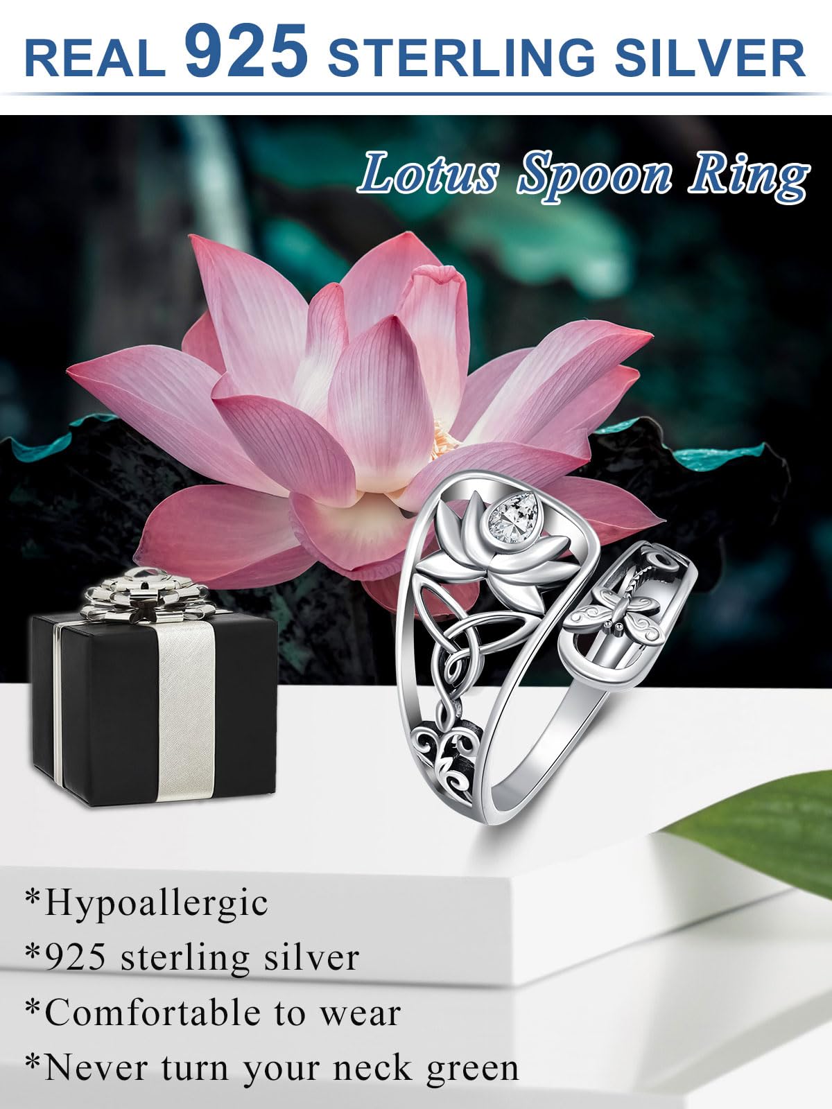 Midari Lotus Spoon Rings for Women 925 Sterling Silver Adjustable Open Lotus Flower Finger Ring Thumb Rings Just Breathe Ring White Lotus Jewelry for Women Yoga Lovers Birthday Christmas Gifts