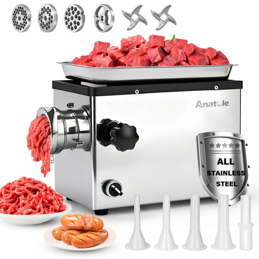 Anatole Commercial Electric Meat Grinder 1.5 HP 1100 W All Stainless Steel Meat Bones Mincer Heavy Duty Sausage Stuffer with 4 Grinding Plate 2 Blades for Restaurant Hotel 110V