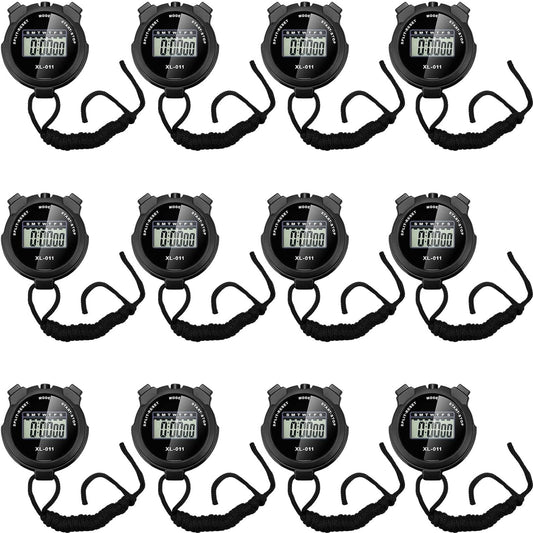 TOODOO 12 Pack Multi Function Digital Stopwatch Timer Bulk Sports Stopwatch with Lanyard Plastic Display Waterproof Date Time Alarm Timer for Coaches Fitness Referees (Black)
