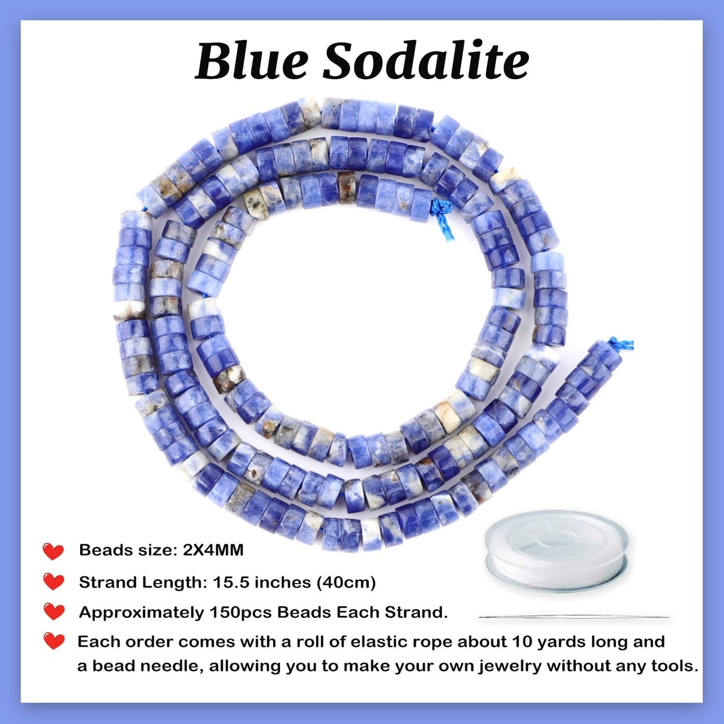 Natural Blue Sodalite Heishi Spacer Beads Loose Semi Precious Flat Round Gemstone Disc Shape Stone for Beading Jewelry Making 4x2mm 15.5"