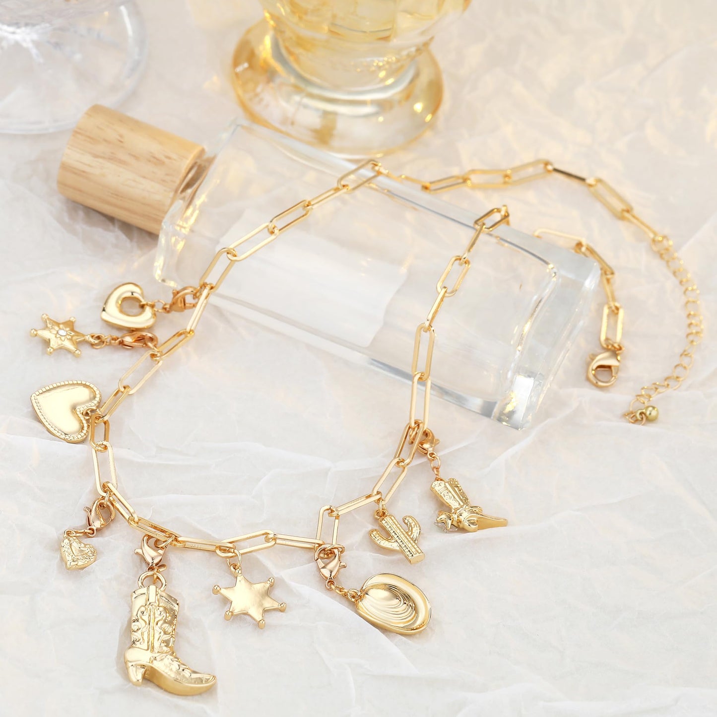 Women's Fashion Vintage Cactus Star Pendant Necklace - Detachable Multi Pendant Boot Charm Dainty Gold Chunky Paperclip Chain Layered Necklace Jewelry Gift for Her (Birthday, Valentine's Day, Christmas)