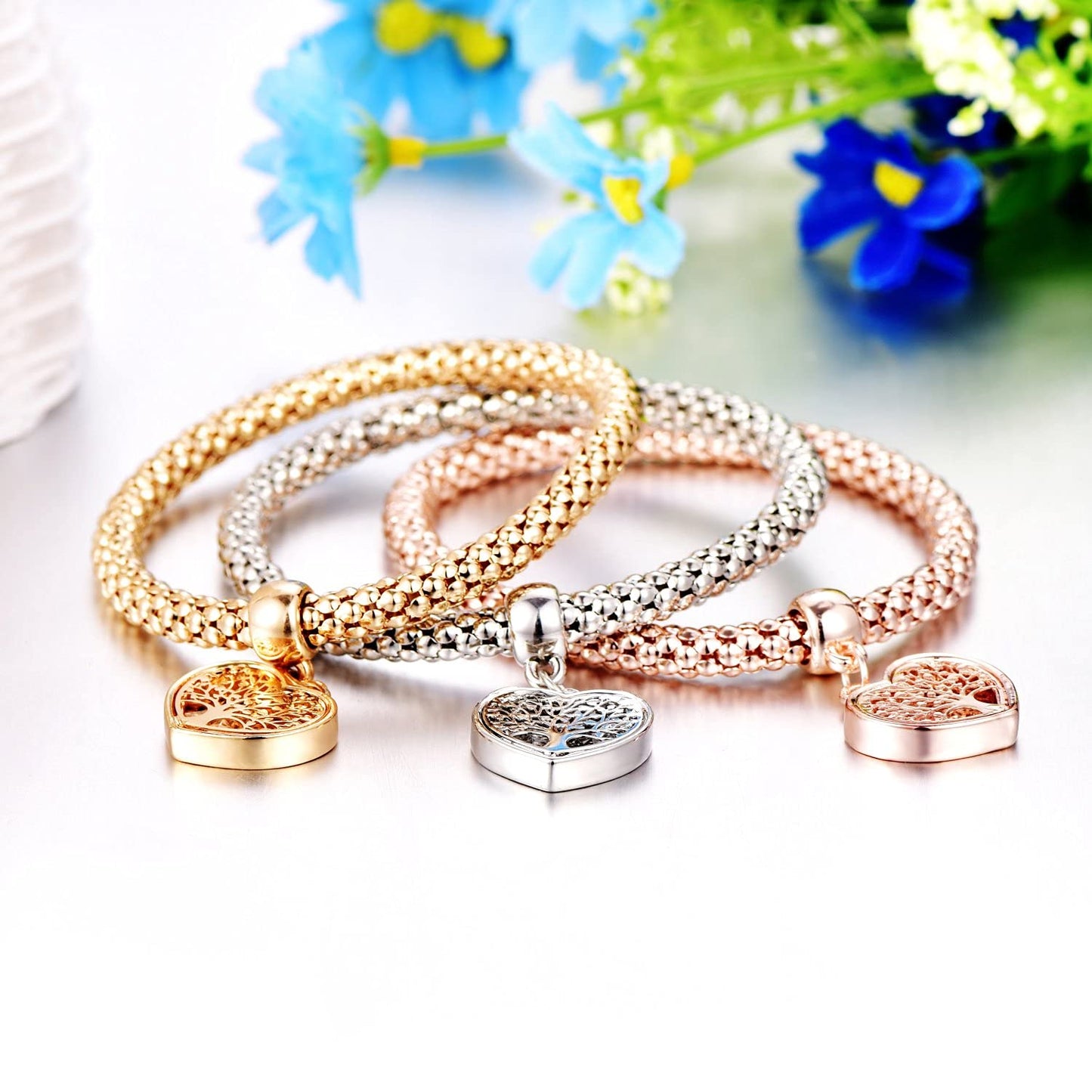 SILANER Crystal Charms Multilayer Bracelets - 3PCS Gold/Silver/Rose Gold Corn Chain Bracelet for Women, Tree of Life Heart Shaped Stretch Bracelet(TREE OF LIFE HEART EDITION CHARM)