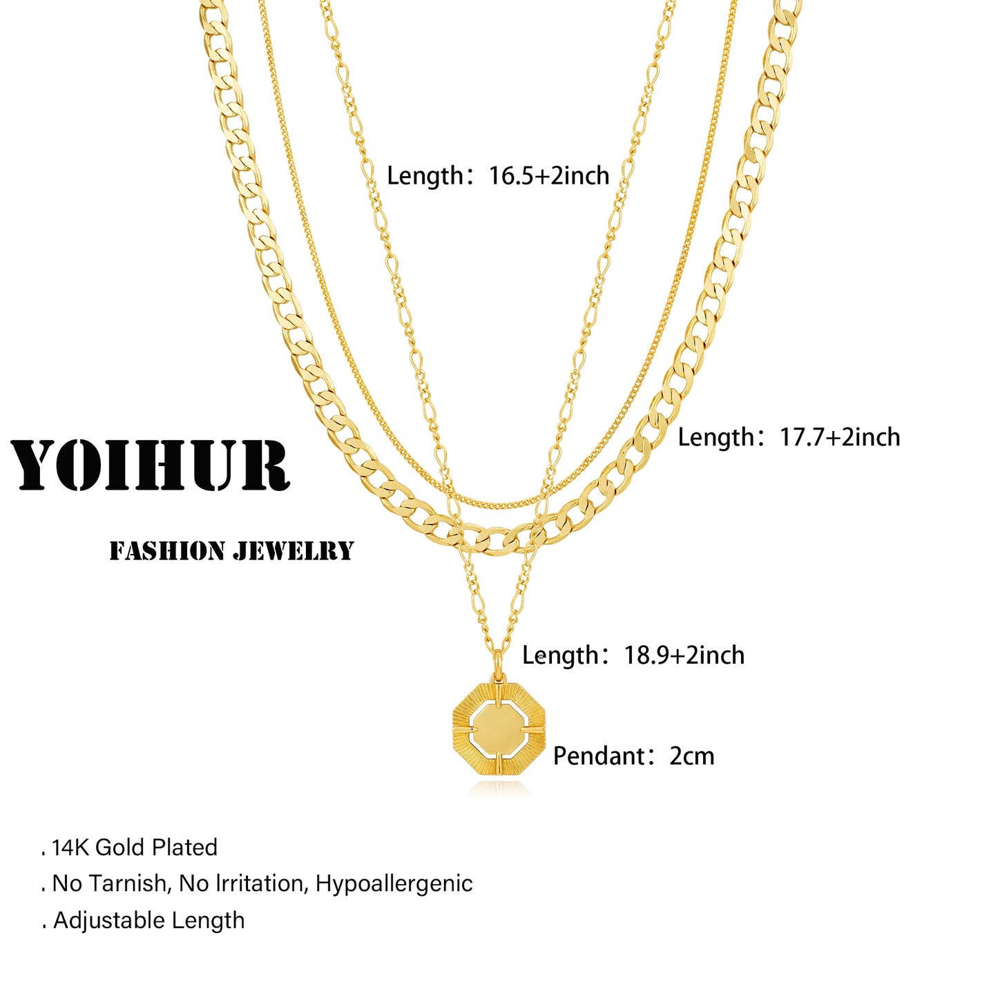 YOIHUR Layered Gold Necklaces for Women,14K Gold Plated Cuban Chain Trendy Layering Hexagonal Pendant Choker Necklace Set Jewelry for Women