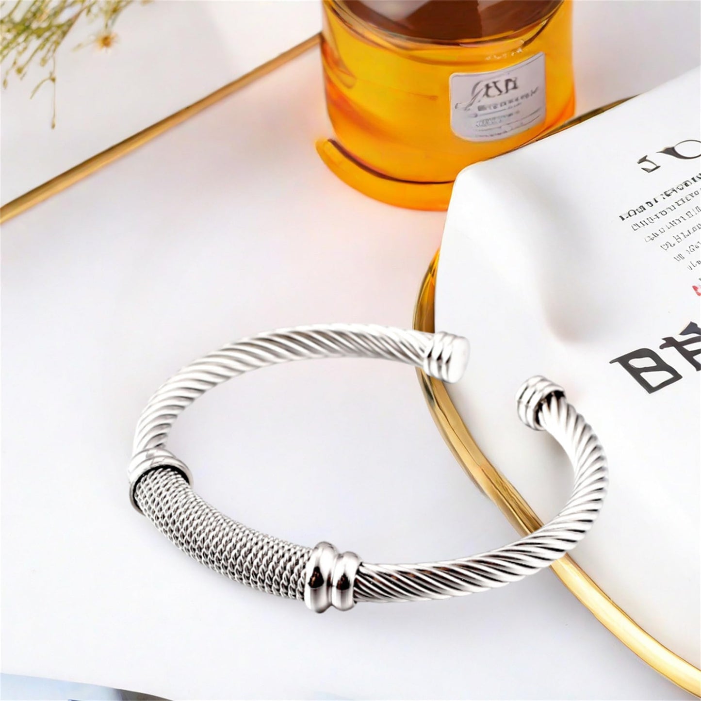 MENGSHA Punk Silver Twisted Cable Cuff Bracelet for Men/Women Durable Stainless Steel Chunky Bangle Bracelet Adjustable Opening,Daily Wear & Outdoor Adventure Unisex Jewelry Gift for Him/Her