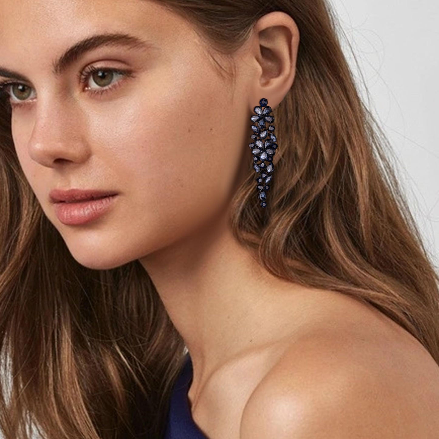 EleQueen Sparkle Marquise Rhinestone Crystal Statement Dangle Earrings for Women, Black-Tone Navy Blue Crystals Art Deco Prom Chandelier Jewelry for Wedding Bridal