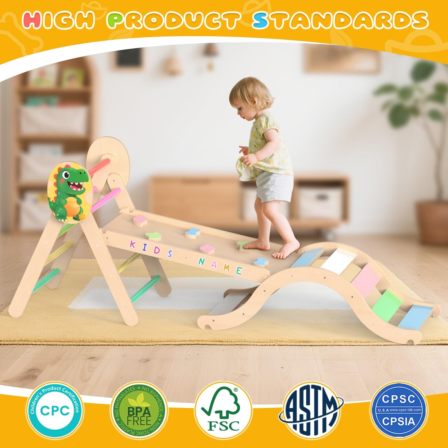 Acenova Pikler Triangle Climbing Set with Cushion and DIY Name Stickers, Montessori Wooden Climbing Gym for Toddlers, Indoor Jungle Gym, Dinosaur Pikler Triangle Arch Ramp Climber Toy