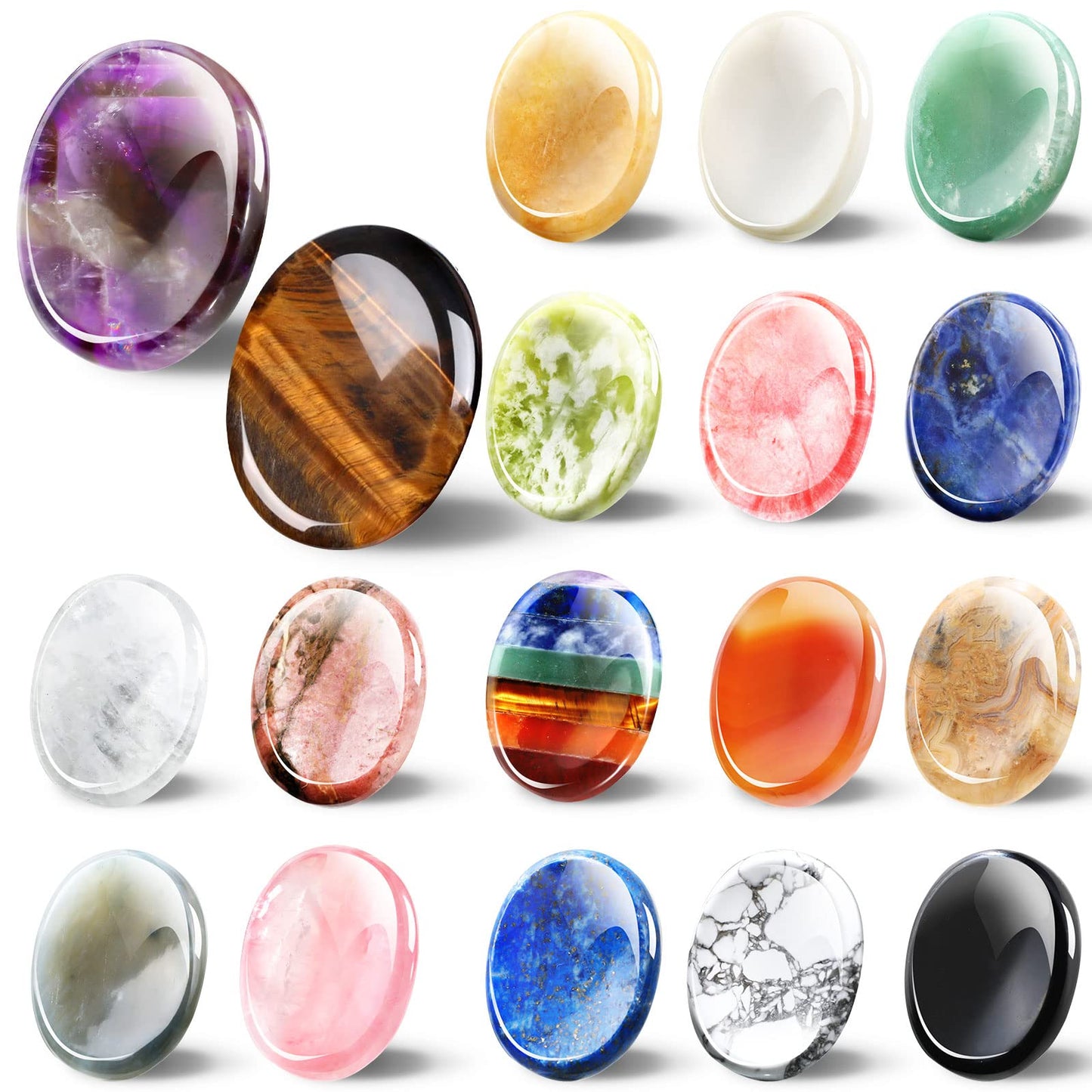 Fumete 18 Pcs Thumb Worry Stone for Anxiety Chakra Crystals Oval Chakra Stones Amethyst Tigers Eye Crystal for Anxiety Stress Relief Meditation Valentines Easter Gift Office Stress (Mixed Set)