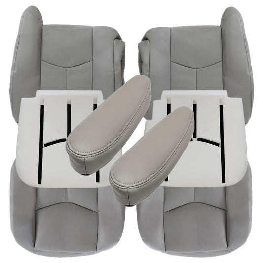 Priprilod # 922 Gray Leather Driver and Passenger Bottom and Top Lean Back and Armrests and Foam Cushion Fit for Chevy Silverado Tahoe Suburban Avalanche GMC Sierra Yukon XL 2003 2004 2005 2006