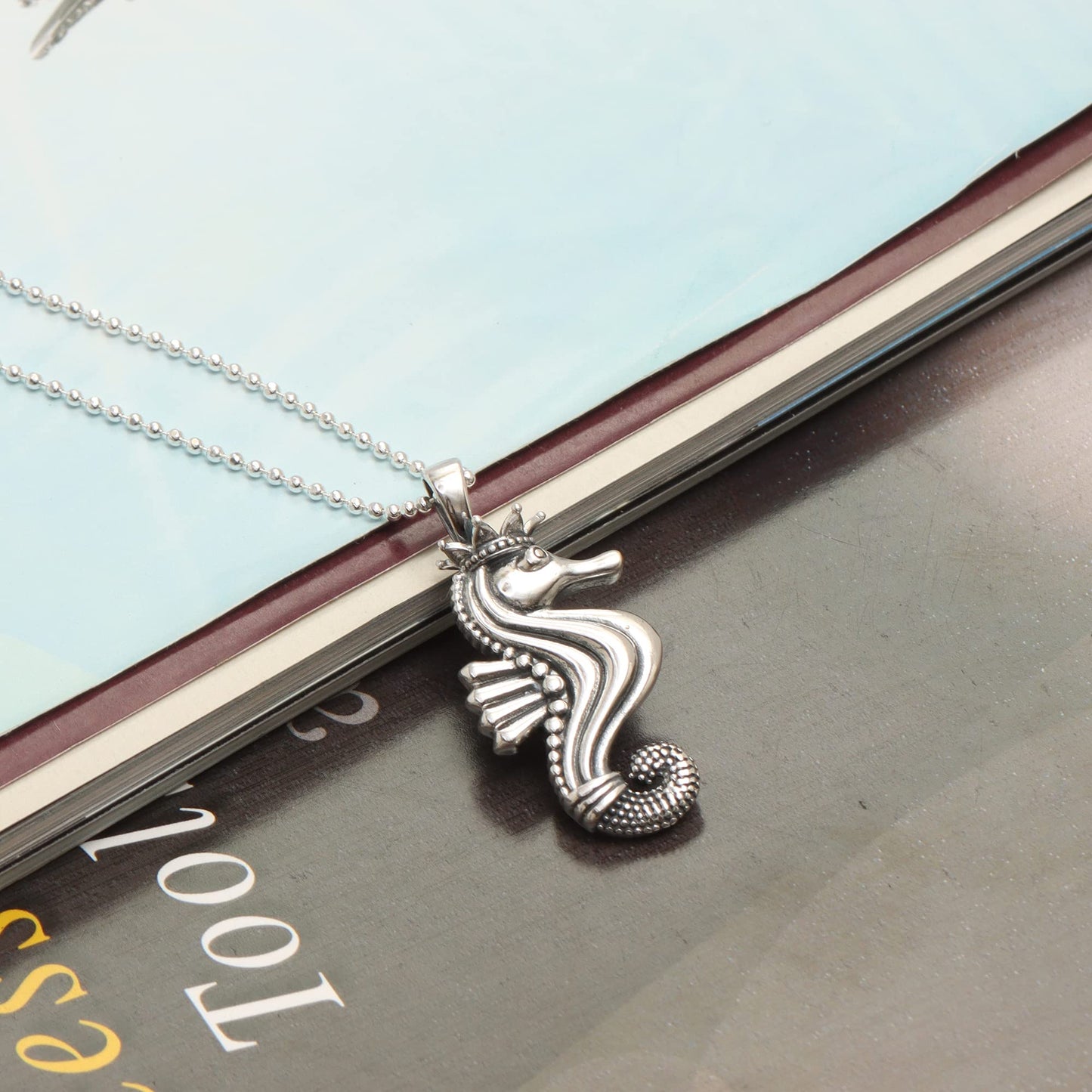 LeCalla 925 Sterling Silver Seahorse Necklace for Women | Two-Tone Caviar Beaded Sea horse Pendant Necklace | Ocean Animal Jewelry Gifts for Mom Wife 18 Inches