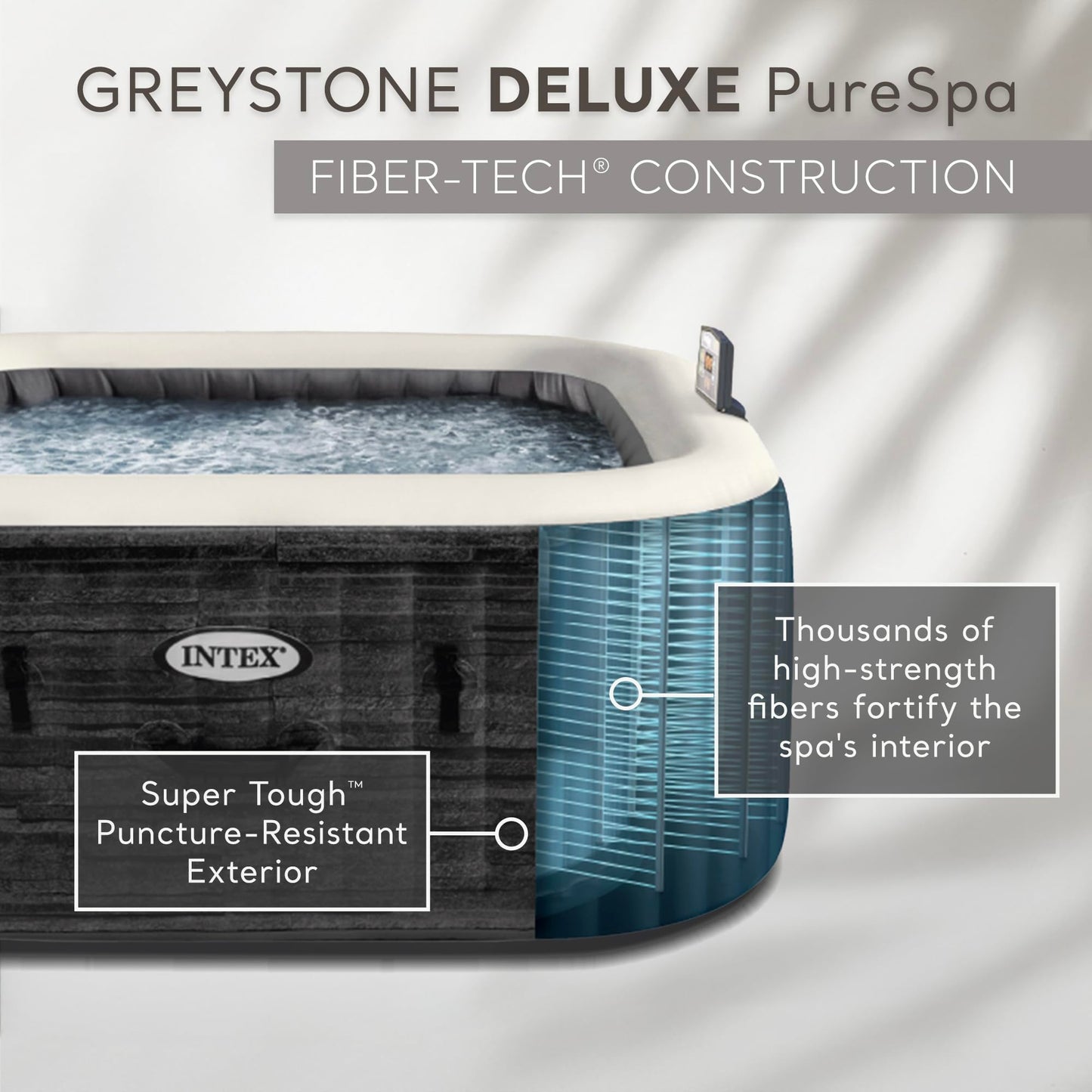 INTEX 28451EP PureSpa Greystone Deluxe Spa Set: Includes Energy Efficient Spa Cover and Wireless Control Panel – Spa Control App – Built-In FastFill Inflation System – 6 Person Capacity – 77" x 28"