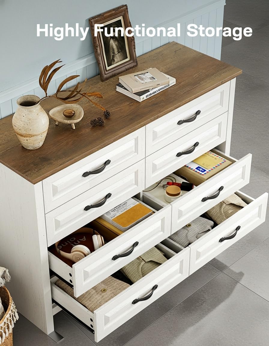 Marsail Farmhouse 8 Drawer Dresser, Wood Chest of Drawers with Natural Texture, Smooth Gliding Drawers, Versatile Storage Organizer Cabinet for Bedroom & Living Room, White and Brown