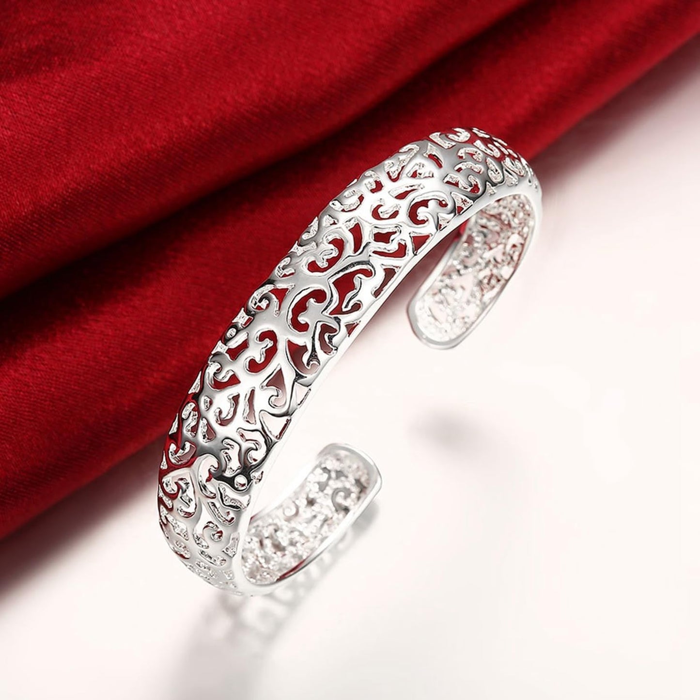 Baoaichi 925 Sterling Silver Bracelet Handmade Filigree Flower Bangle Wide Cuff Bracelets for Women Teen Girls Fashion Open Bangle Women Silver Jewelry Gift for Birthday Anniversary (silver D)