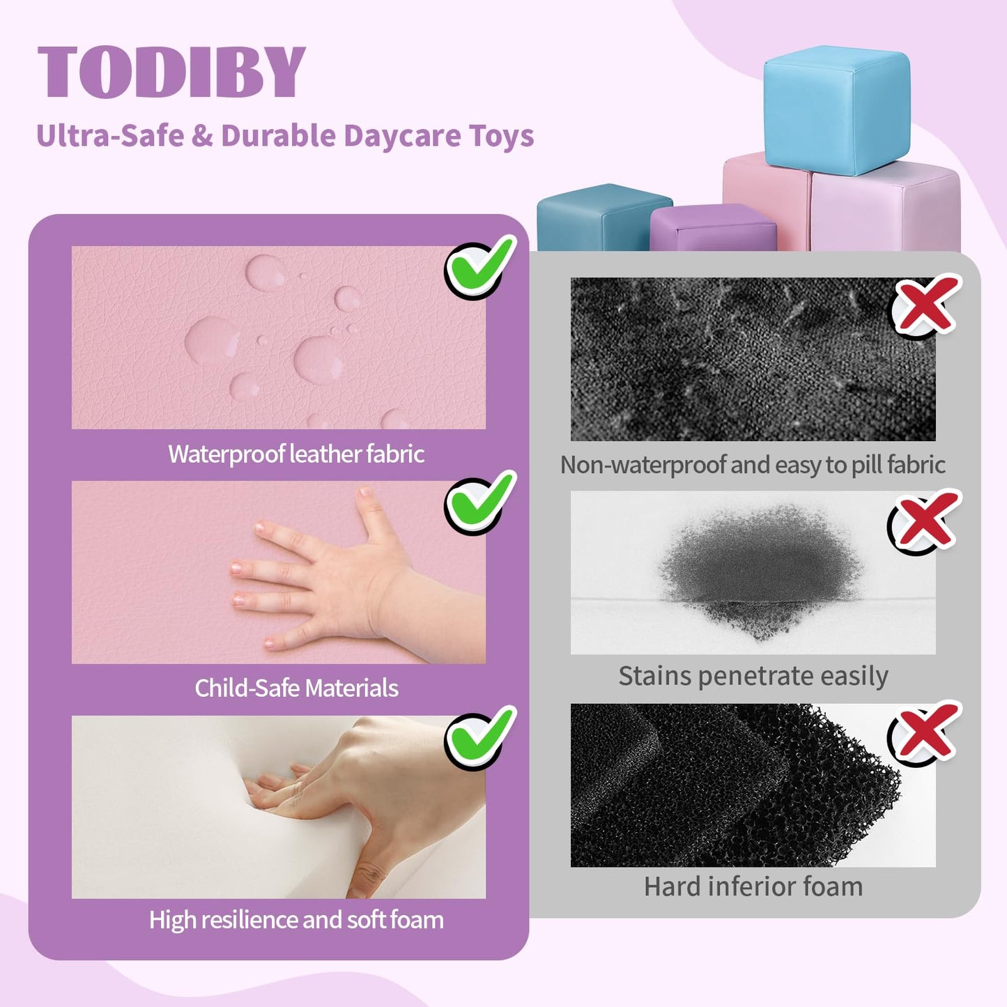 TODIBY Foam Building Blocks for Toddlers：12-Pieces Wipeable Leather Stacking Cubes Kids - Large Soft Toys Play Set for Learning Construction Baby Preschool Daycare Therapy Birthday Gift (Purple Pink)