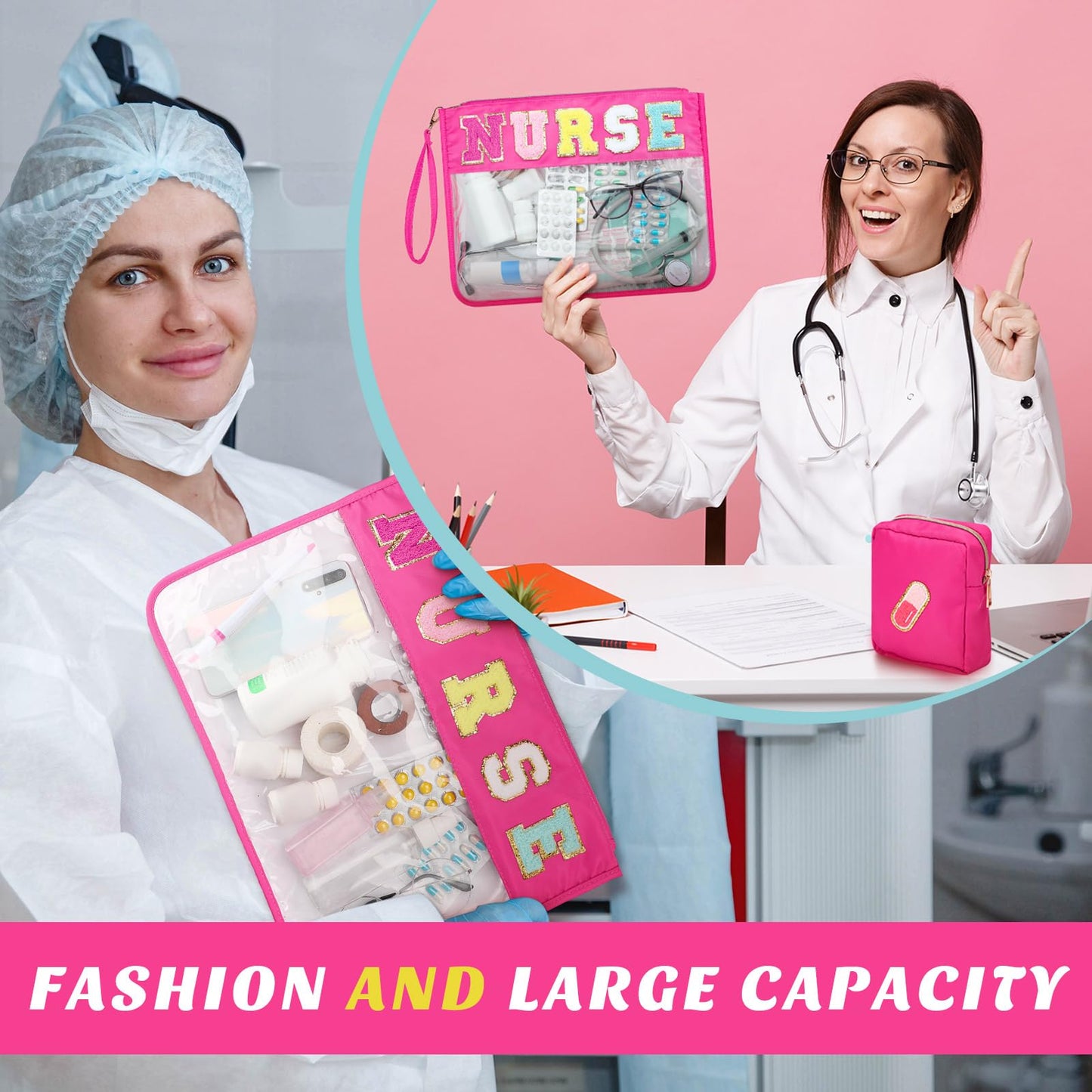 Hillban 2 Pcs Nurse Week Gift Makeup Cosmetic Bag Nurse Appreciation Gift for Women Clear Chenille Letter Bag Toiletry Zipper Pouch Waterproof Travel Purse Survival Kit Medical Accessories
