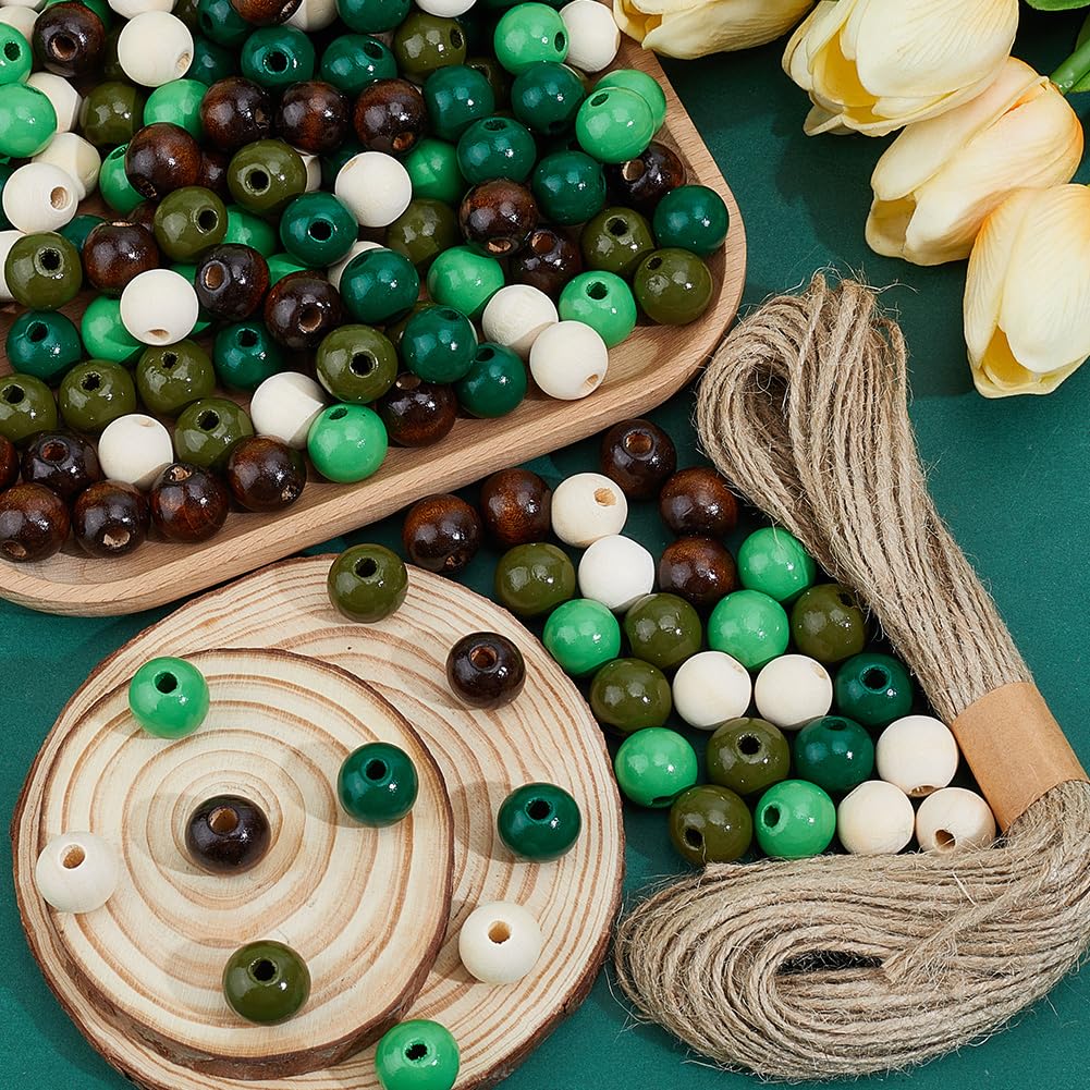 PONABEADIY 1 Box 250pcs 16mm 5 Colors Round Wooden Beads with Jute Twines Spray Painted Natural Ball Macrame Dyed Schima Wooden Loose Bead Bulk for Jewelry Making Necklaces Bracelets DIY Craft Supply