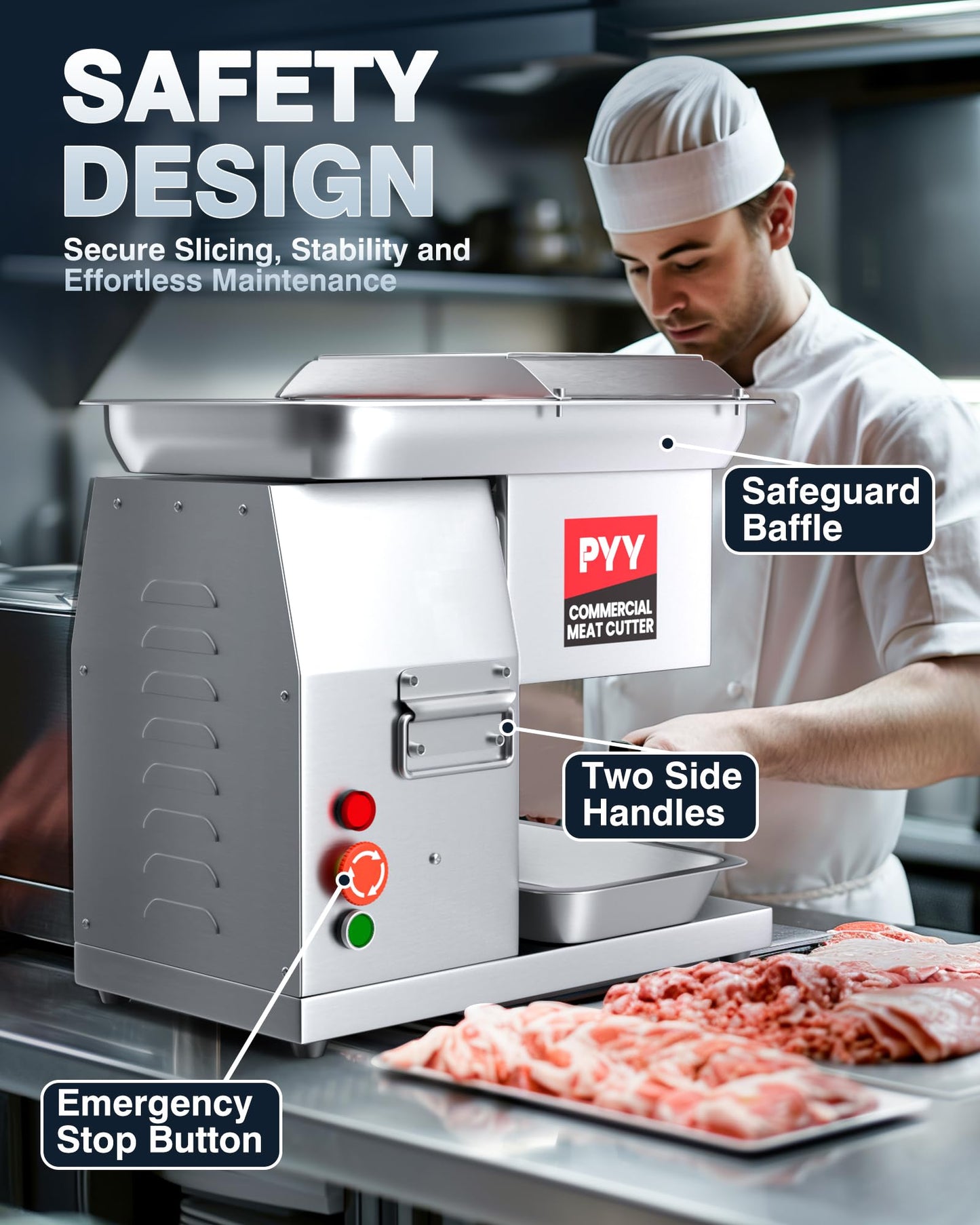 PYY Commercial Meat Cutter Machine - 1100LB/H 800W Electric Meat Cutting Machine, Meat Shredding Machine 3mm Blade Commercial Meat Slicer Stainless Steel for Kitchen Restaurant