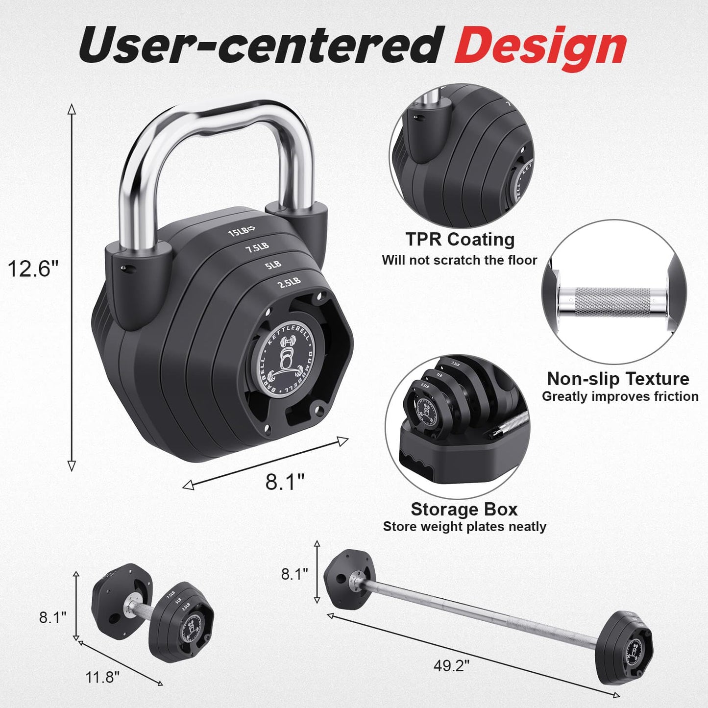 Tepemccu 4-in-1 Adjustable Kettlebell, 5.88-45lbs Kettlebells Weight Set, Adjustable Weight Kettlebell Used as Dumbbell, Barbell for Home Gym Full Body Workout (Black)
