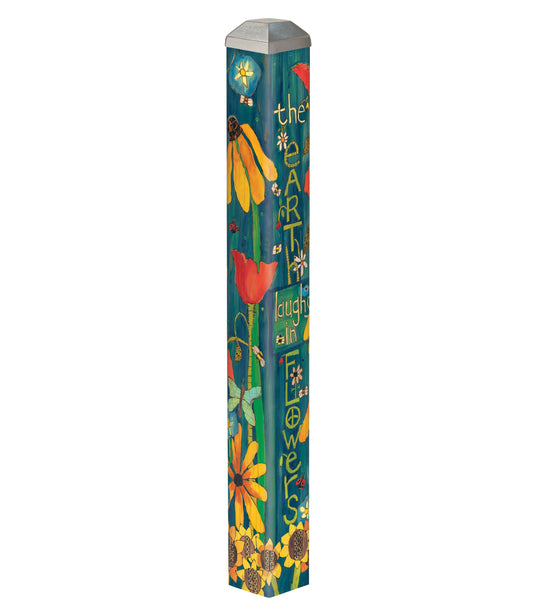 Studio M Art Pole, PVC Weather Resistant Pole with Vinyl Bowl 16 inches Tall Outdoor Decoration for Gardens, Patios, Yards, Landscaping and Birding Accessories, Earth Laughs in Flowers