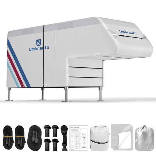 Truck Camper Cover for 8–10FT Slide-in Campers – 300D Oxford Waterproof RV Cover, Silver-Coated, All-Weather Protection with Windproof Straps & Air Vents