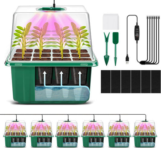 YAUNGEL Self-Watering Seed Starter Trays with Grow Light, 6-Pack 72-Cell Seed Starter Kit with Timing Controller Adjustable Brightness, Thicken Seed Starter Kit Humidity Dome Heightened Lids, Green