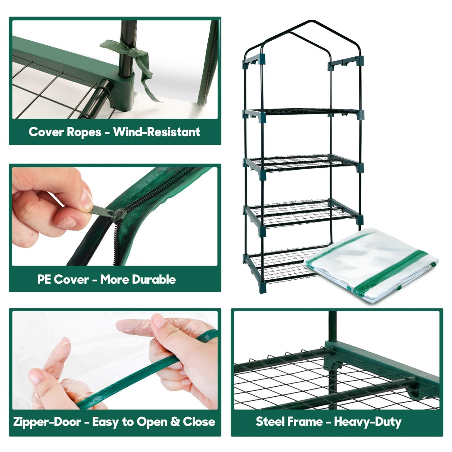 KOL 4-Tier Mini Greenhouse - PVC Clear Cover & Steel Frame - Portable Small Green House for Indoor & Outdoor Use - Grow Plants, Seedlings, Herbs