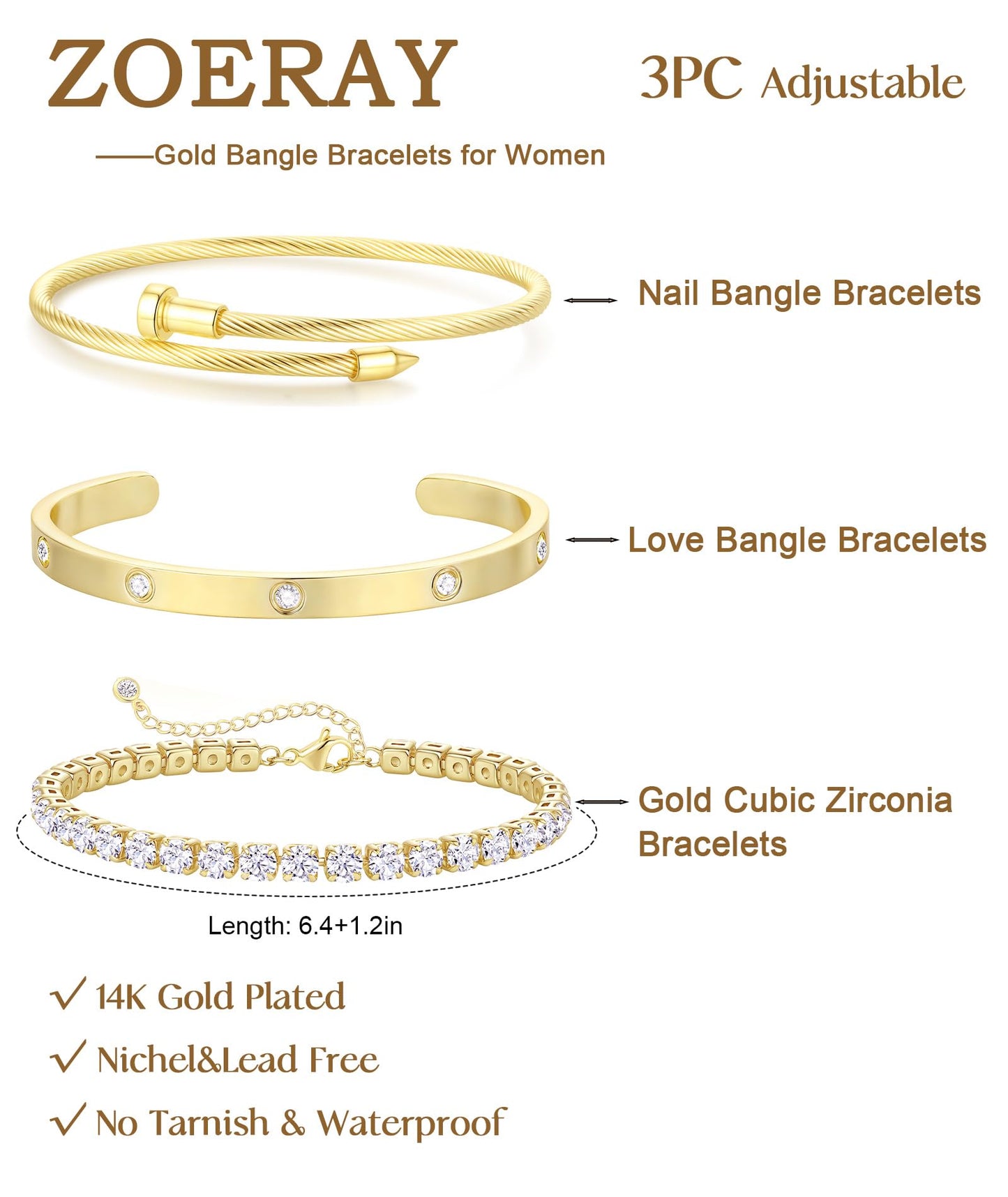 ZOERAY Silver Gold Bangle Bracelets for Women Non Tarnish 14k Gold Plated Stackable Cuff Bracelets for Women Trendy Cubic Zirconia Stainless Steel Chunky Bracelet Stack Set Waterproof Jewelry Gifts