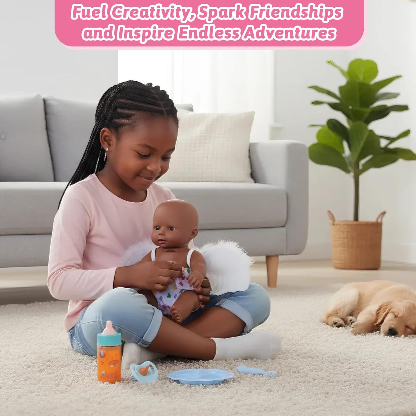 CARANOVO Baby Doll Accessories Set – 7 Pcs Feeding Bottle Toys, Magic Disappearing Milk & Juice, Pretend Play Set with Pacifiers, Reusable Bibs and Diapers, Kids Gift