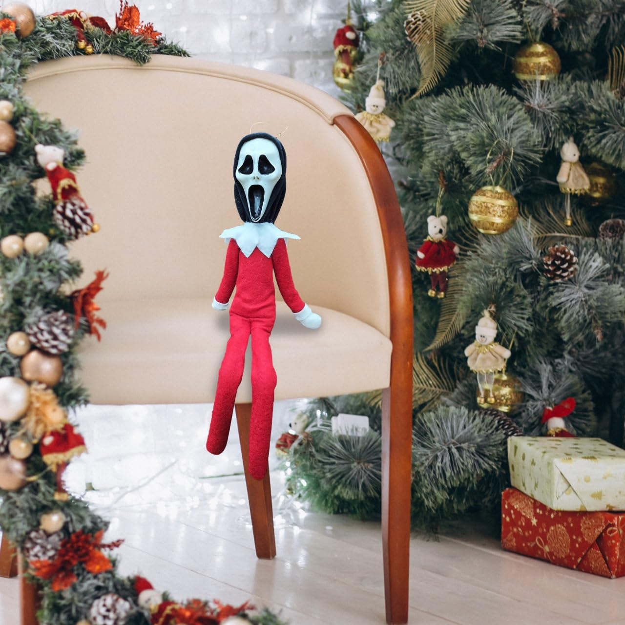 Party Monkeys Bend and Pose Creepy Ghost Masked Elf Decoration 35cm – Handmade Horror-Inspired Ornament for Christmas, Halloween & Holiday Party Décor – Spooky Collectible with Sinister Expression