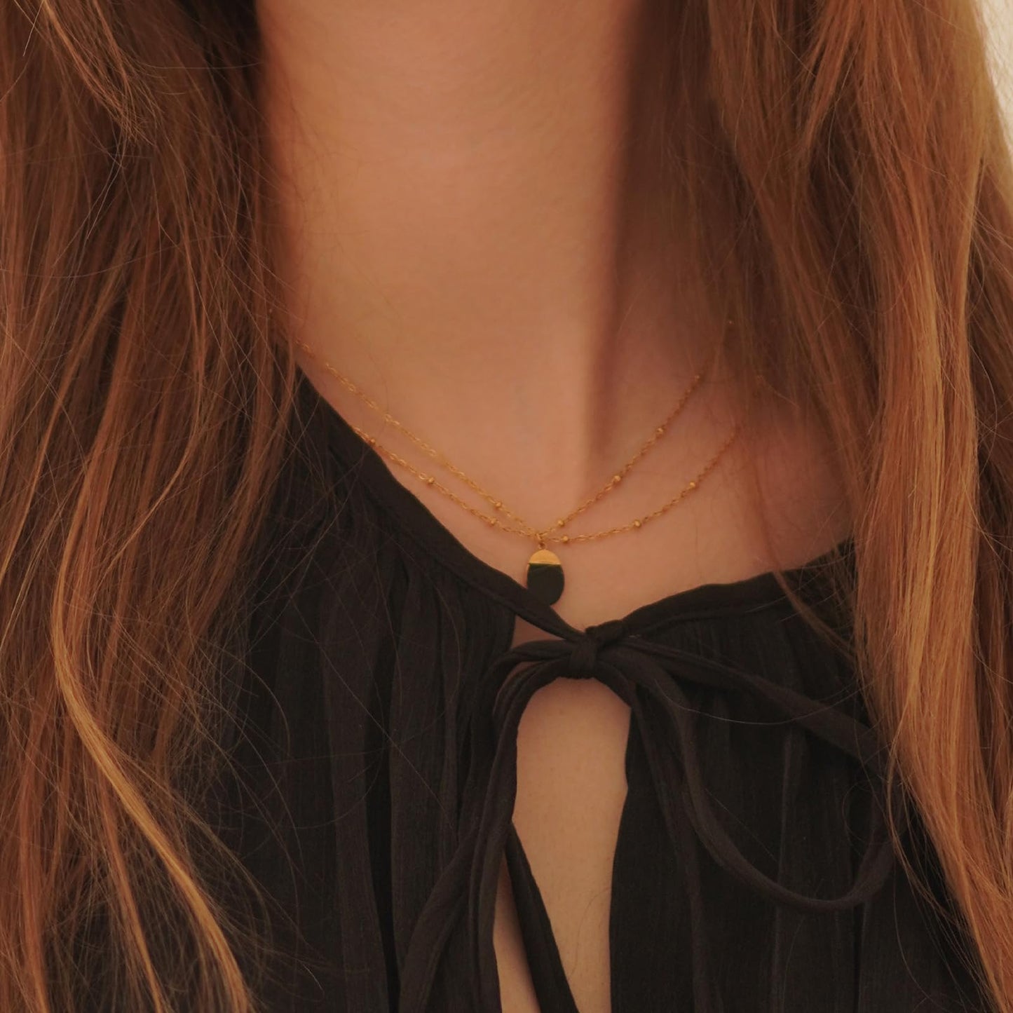 Milan Chiva 14K Gold Plated Black Agate Layered Stacked Necklace for Women, Dainty Trendy Non Tarnish Oval Pendant Charm Necklaces Fashion Jewelry for Women Waterproof MNS-1009BK