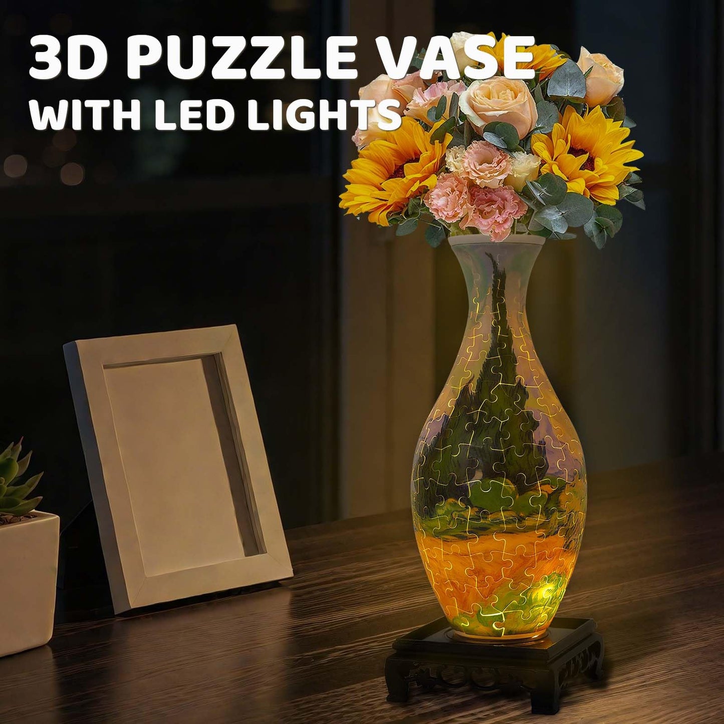 3D Puzzles Vase for Adults with LED Light, 160 Pcs Unique Plastic Flower Vase Puzzle,Crafts for Adults,DIY House Warming Gifts for Flower Arrangements and Home Decor (Wheat Field)