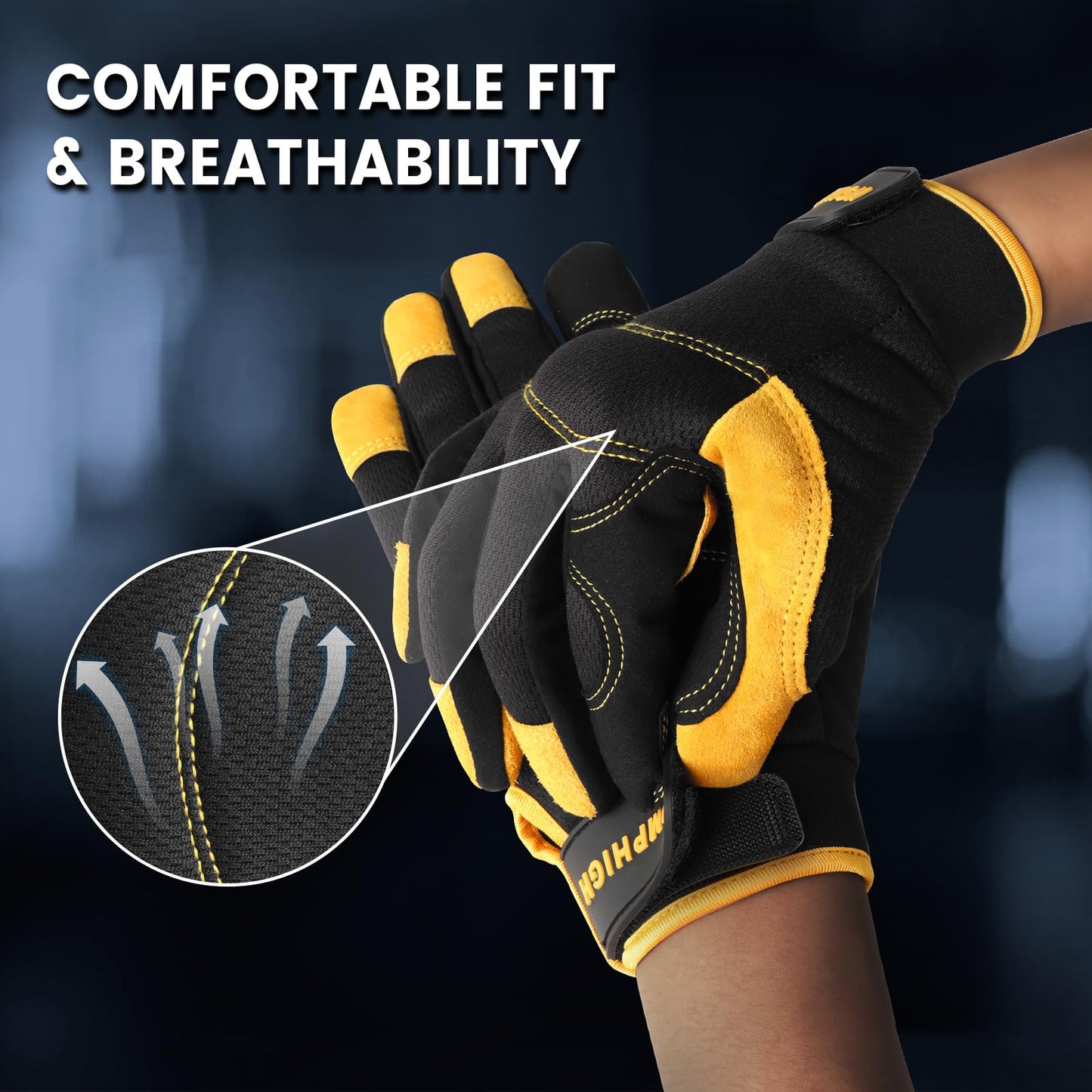 JUMPHIGH Safety Work Gloves, Men's Utility Mechanic Working Gloves for All Purpose, Touchscreen Compatible, Flexible Breathable Fit, Knuckles & Palm (M)