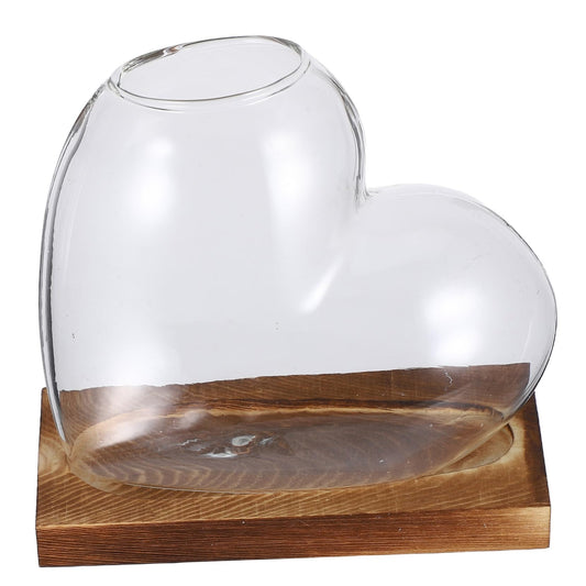 Milisten Heart Shaped Hydroponic Glass Planter Vase with Elegant Wooden Base for Desktop Decor Terrarium for Plant Propagation Shelves Windowsills for Home Office